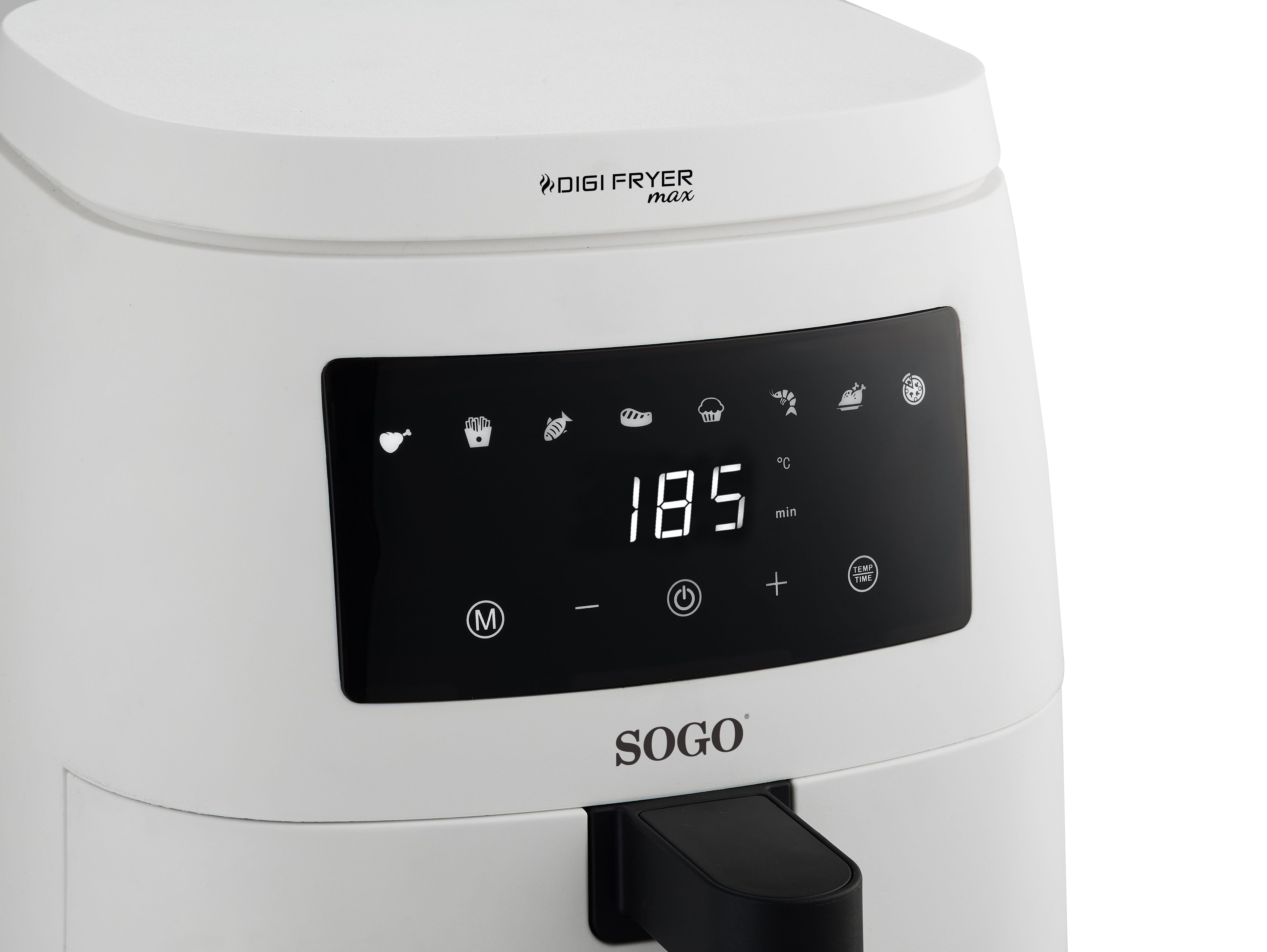 Una friggitrice ad aria Digi Fryer Max bianca con display digitale che mostra 185 gradi e un timer.