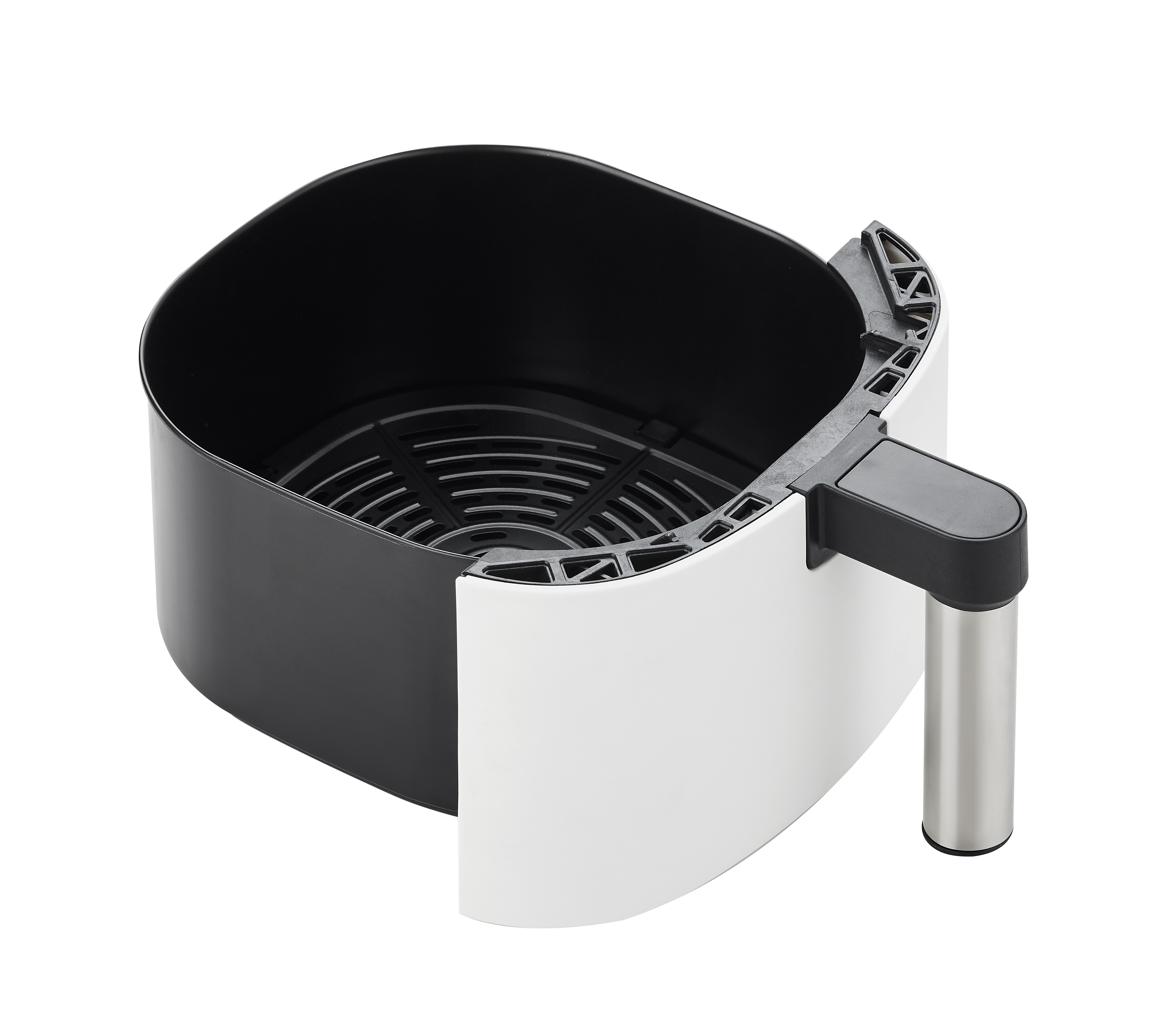 Cestello della friggitrice ad aria con interno nero ed esterno bianco. Manico sul lato destro.