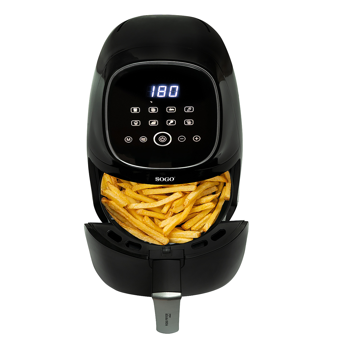 Friggitrice ad aria nera con patatine fritte, display digitale che mostra 180 gradi.