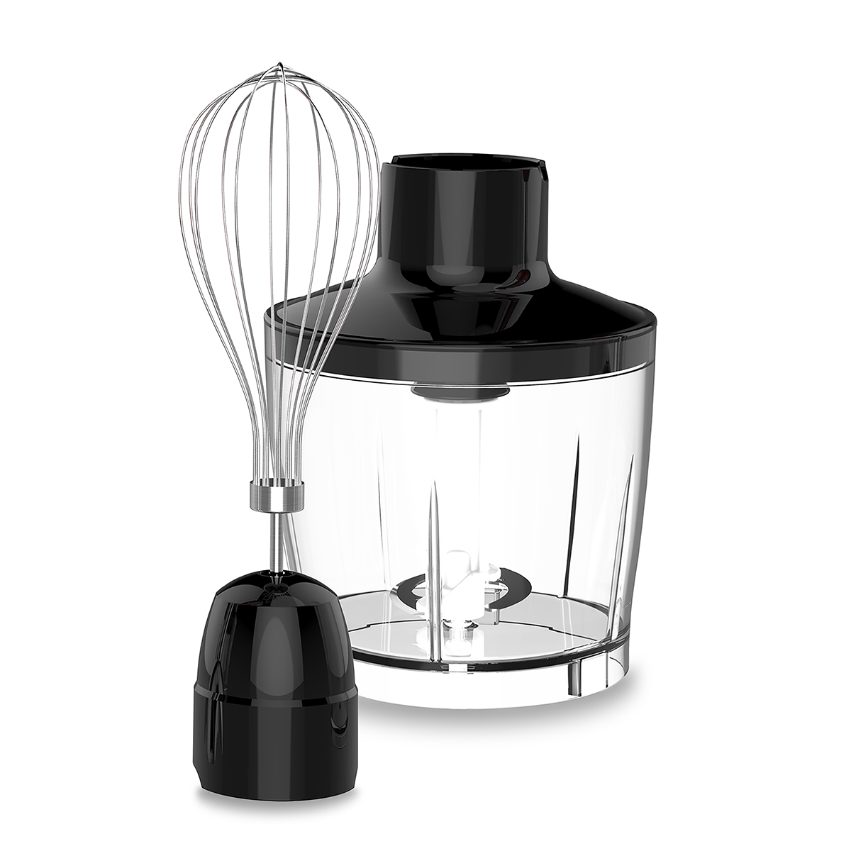 Batidora de mano con accesorio batidor y recipiente transparente. Combinación de colores negro y plateado.