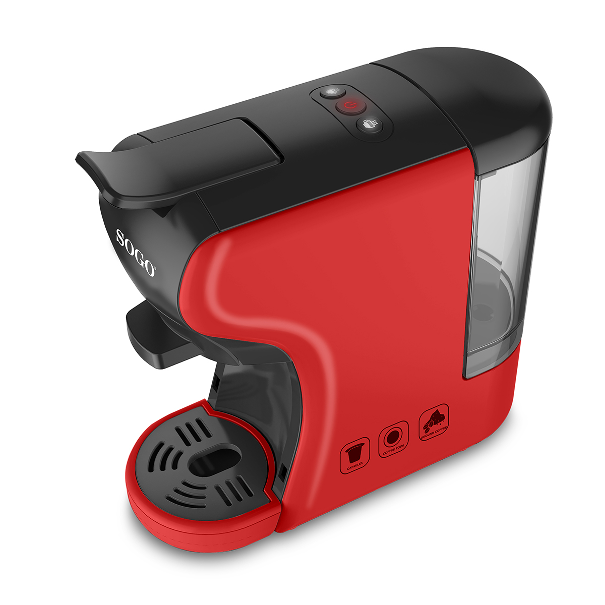 Czerwono-czarny ekspres do kawy na białej powierzchni, z perspektywy, ze zbiornikiem na wodę.