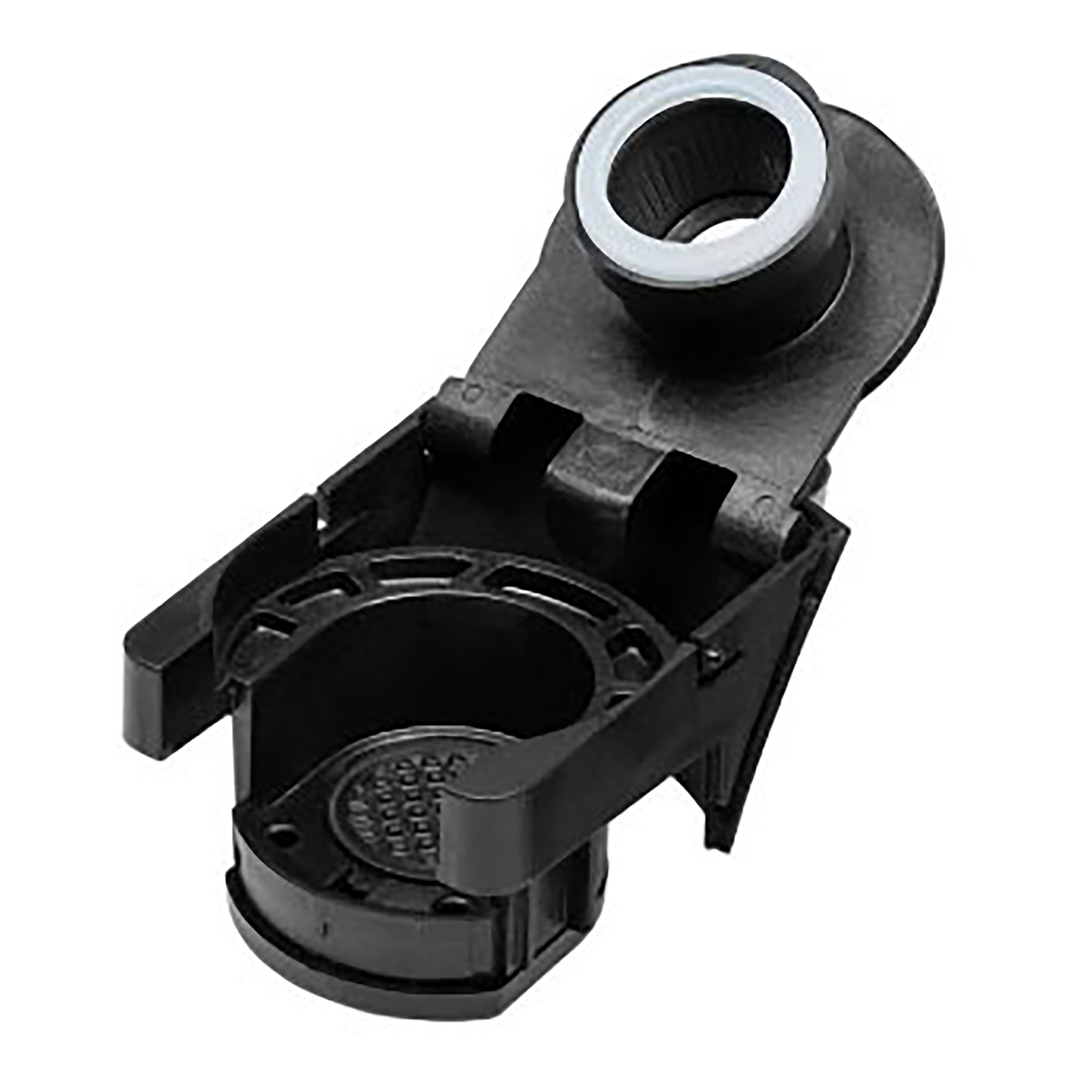 Czarny plastikowy uchwyt na kubek z białym pierścieniem i elementami montażowymi.