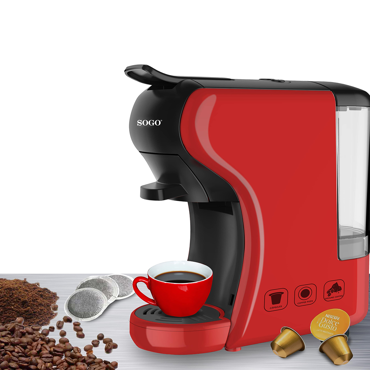 Czerwony i czarny ekspres do kawy z filiżanką, kapsułkami i fusami.