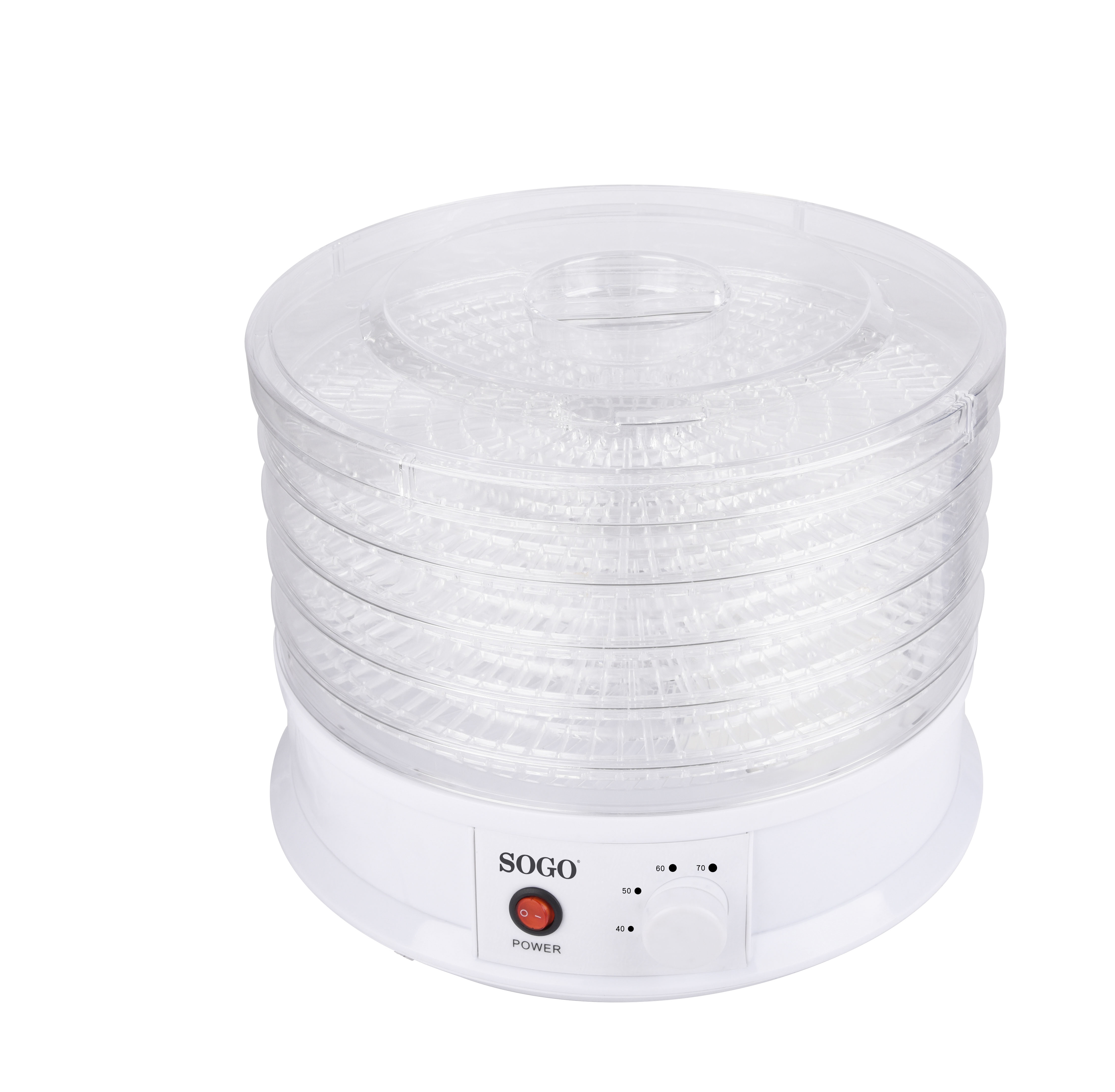 Deshidratador de alimentos blanco con bandejas transparentes apiladas, botón rojo de encendido y dial.