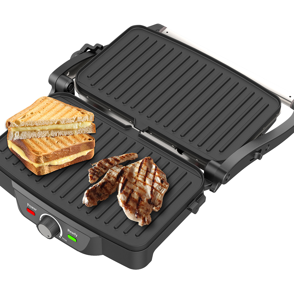 Otwarty grill z grillowaną kanapką z serem i mięsem na grillu, gotowy do spożycia.