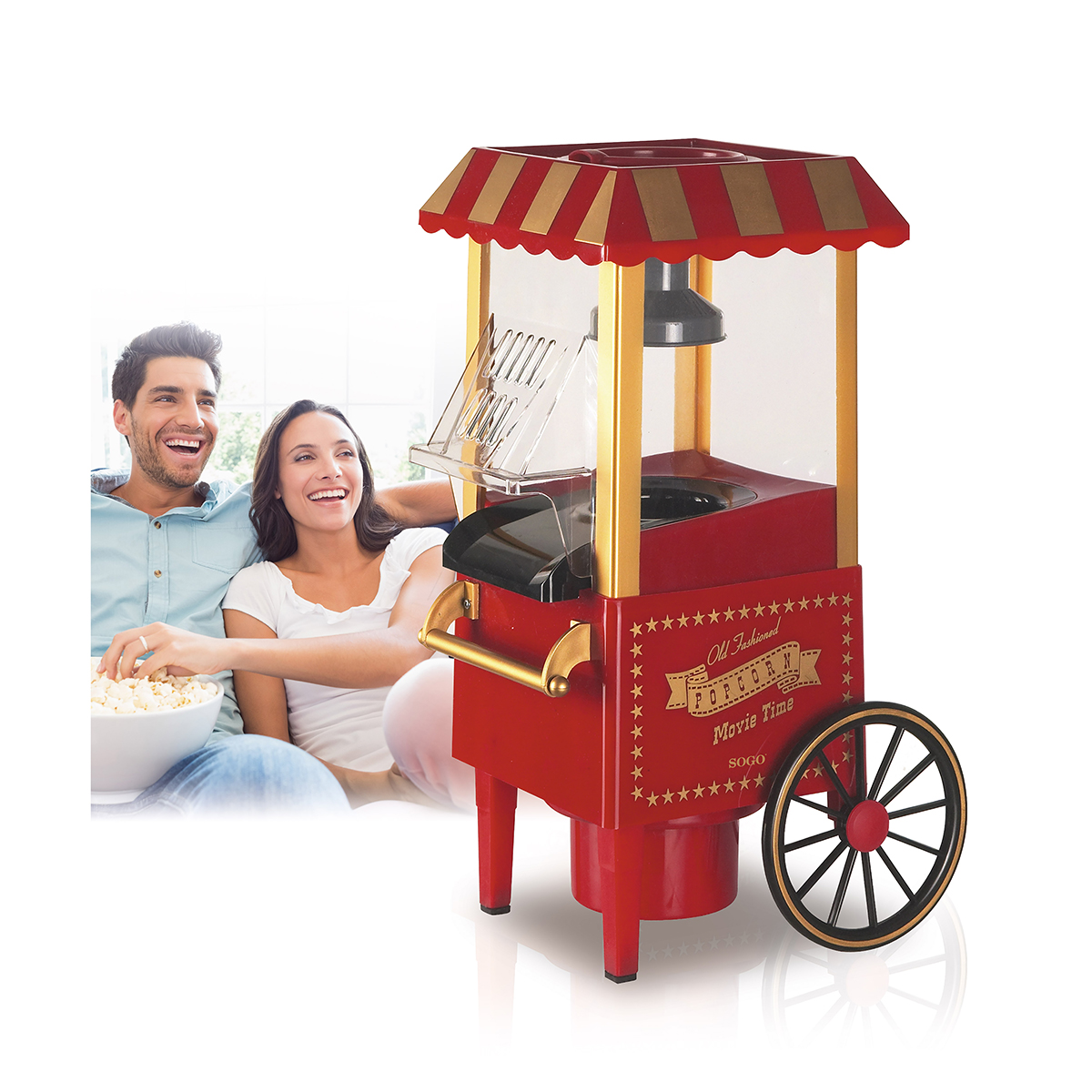 Una máquina de palomitas roja frente a una pareja sonriendo con palomitas.