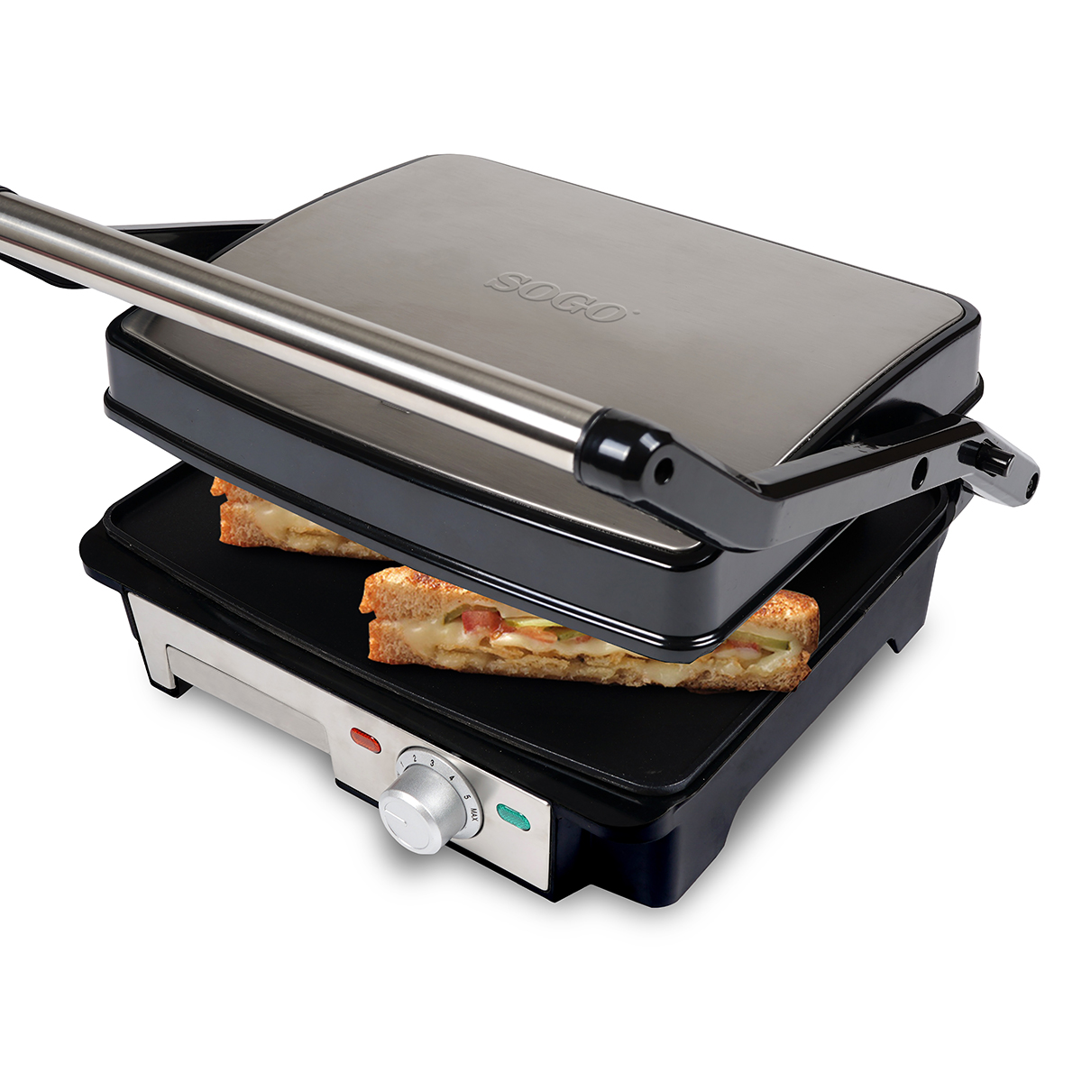 Plancha Grill Sogo press sanwichera 4 rebanadas sanss7131 plata ss7131 sandwichera lisa de 2000w superficie 28x22 cm con placas antiadherentes y apertura 180º