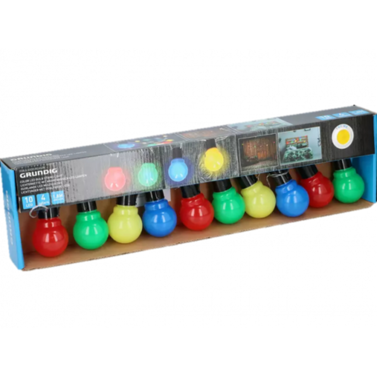 Cadena de bombillas de colores en una caja de cartón.