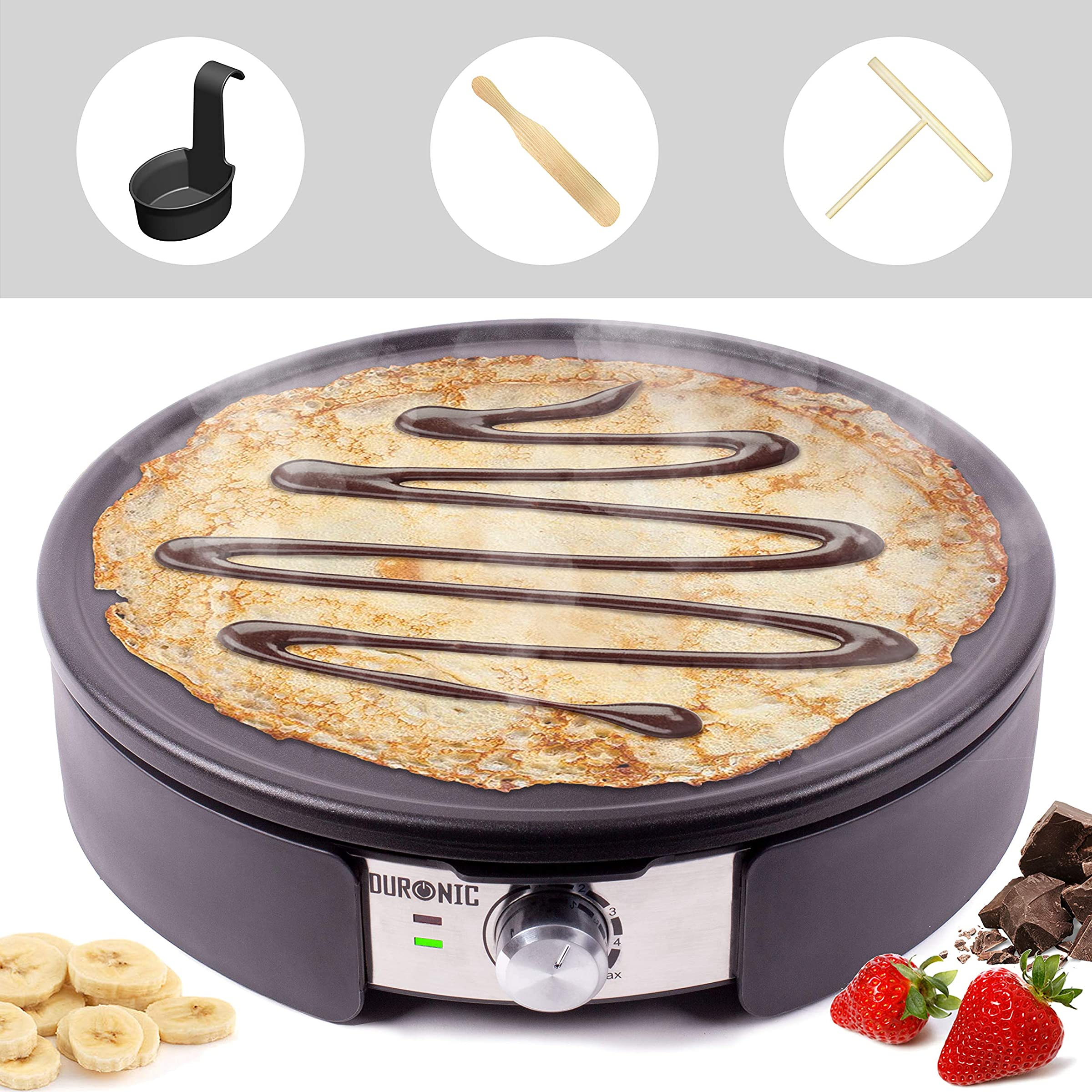 Duronic Pm152 Crepera de 1500w con placa antiadherente 37 cm – temperatura regulable accesorios incluidos ideal para hacer crêpes pancakes tortitas tortillas creps panqueques 37cm 1500