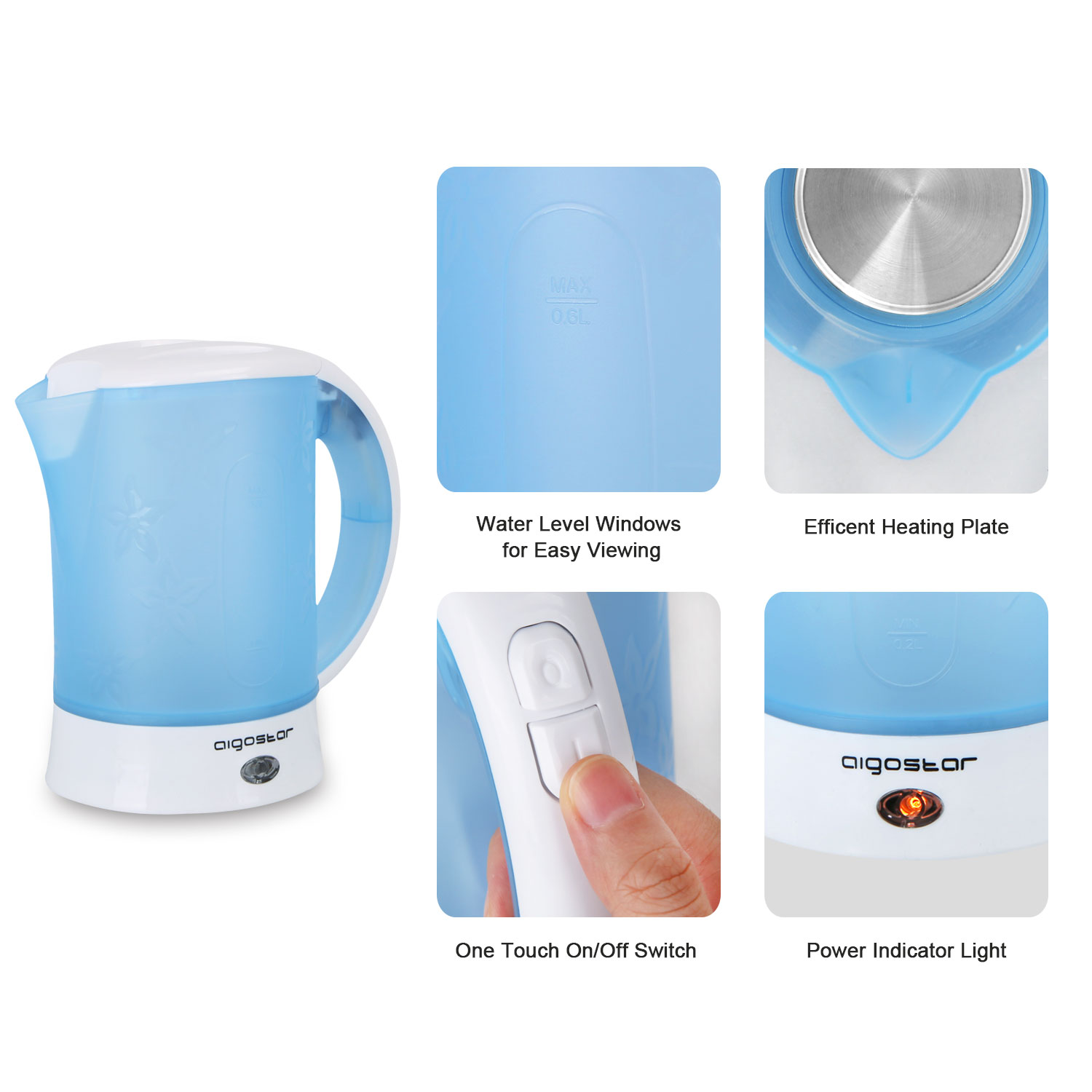 Ein blau-weißer Wasserkocher mit Nahaufnahmen von Wasserstand, Heizplatte und Schalter.