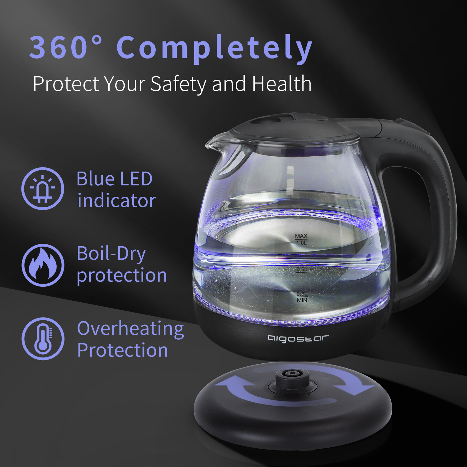 AIGOSTAR 204907 Elfin 30IAX Wasserkocher glas schwarz LED-Beleuchtung, mit Mini