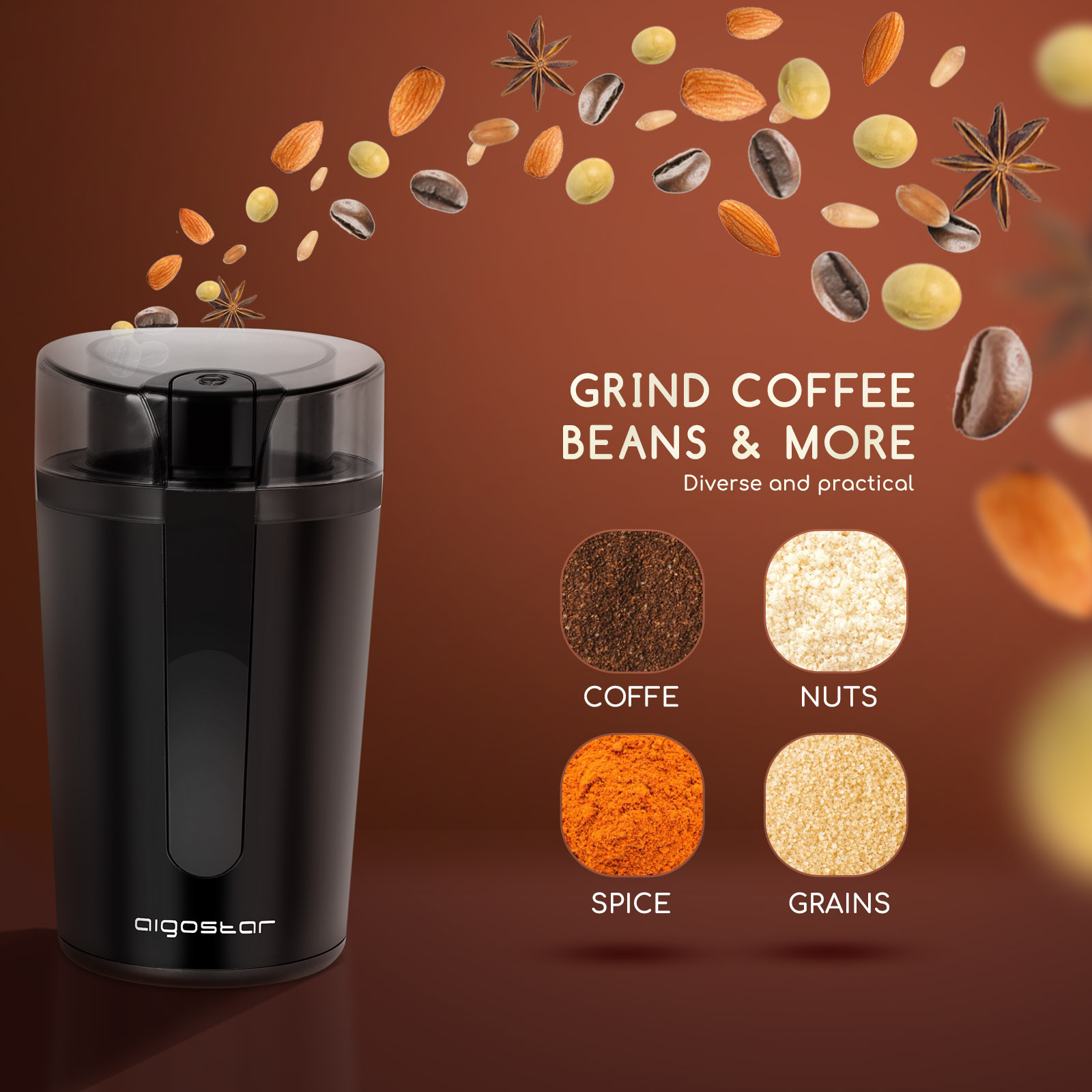 Schwarze Kaffeemühle mit schwebenden Gewürzen und Zutaten, auf braunem Hintergrund mit Text.
