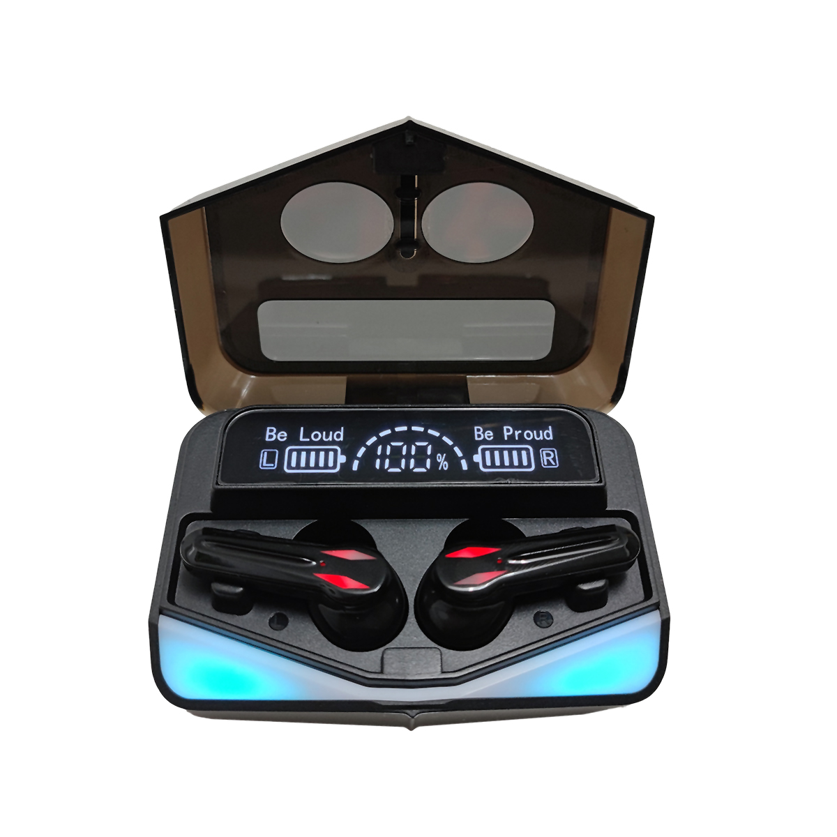 Estuche de carga de auriculares negro con pantalla digital, auriculares dentro y luz azul en la base.