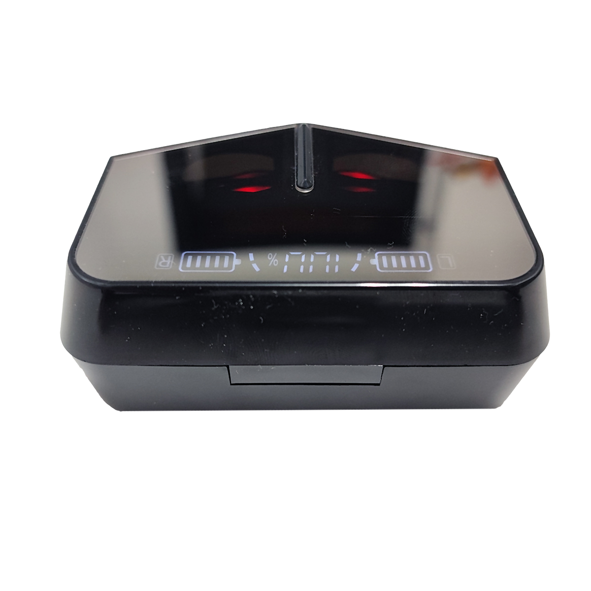 Estuche de carga negro para auriculares con pantalla digital. Muestra el porcentaje de batería y el estado de carga en la parte superior.