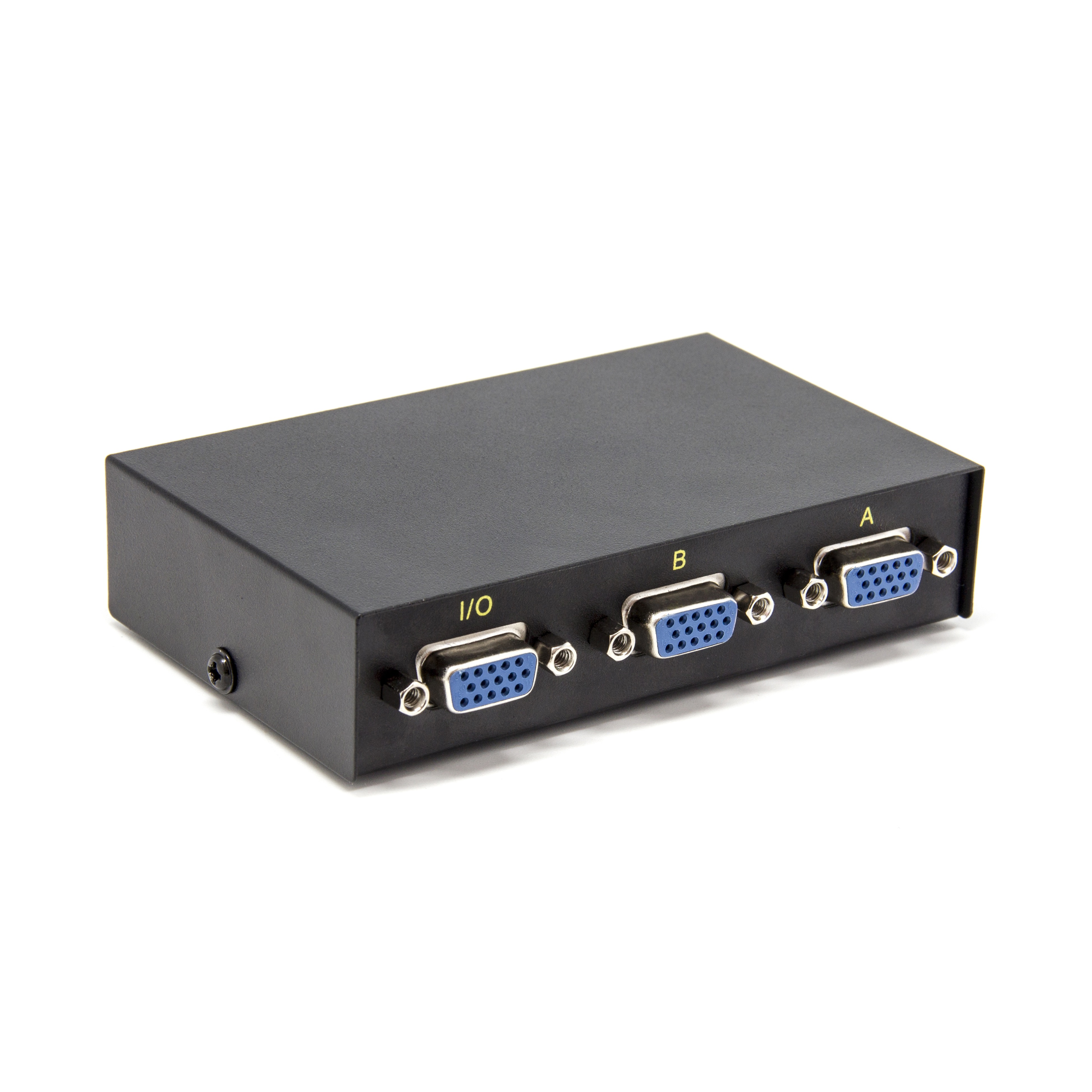 Divisor VGA negro con tres puertos etiquetados I/O, B y A, con conectores azules, sobre fondo blanco.