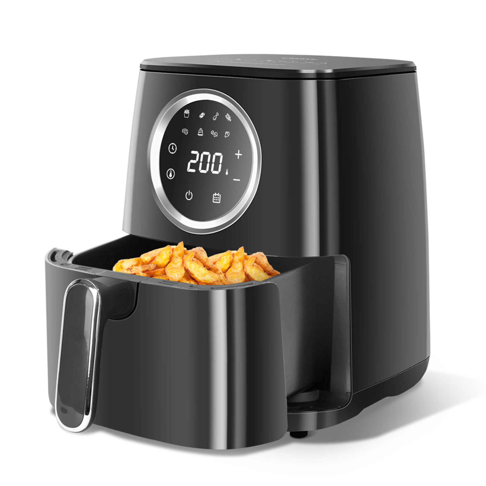 Freidora de aire negra con una canasta de papas fritas. La pantalla muestra la configuración.