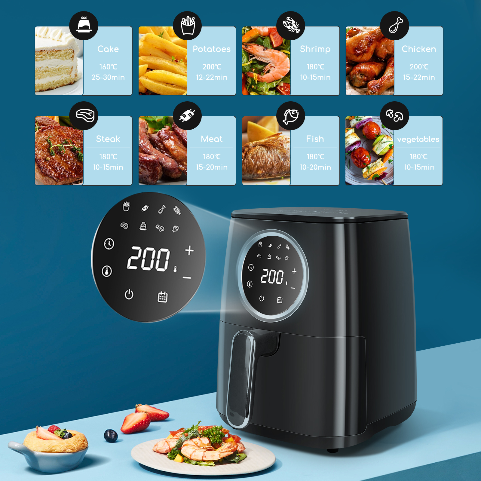 Una freidora de aire con iconos de alimentos y un panel de control, con varios alimentos cocinados debajo.