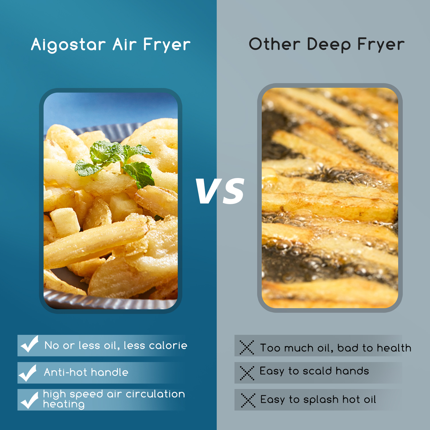 Comparación: Freidora de aire vs. freidora, mostrando patatas fritas, con ventajas y desventajas.