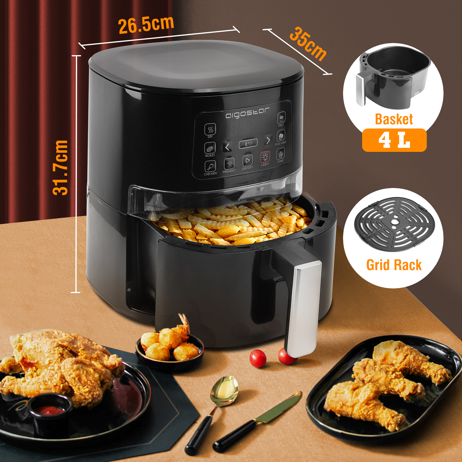 Friggitrice ad aria nera con patatine fritte. Include cestello, griglia e cibo fritto.