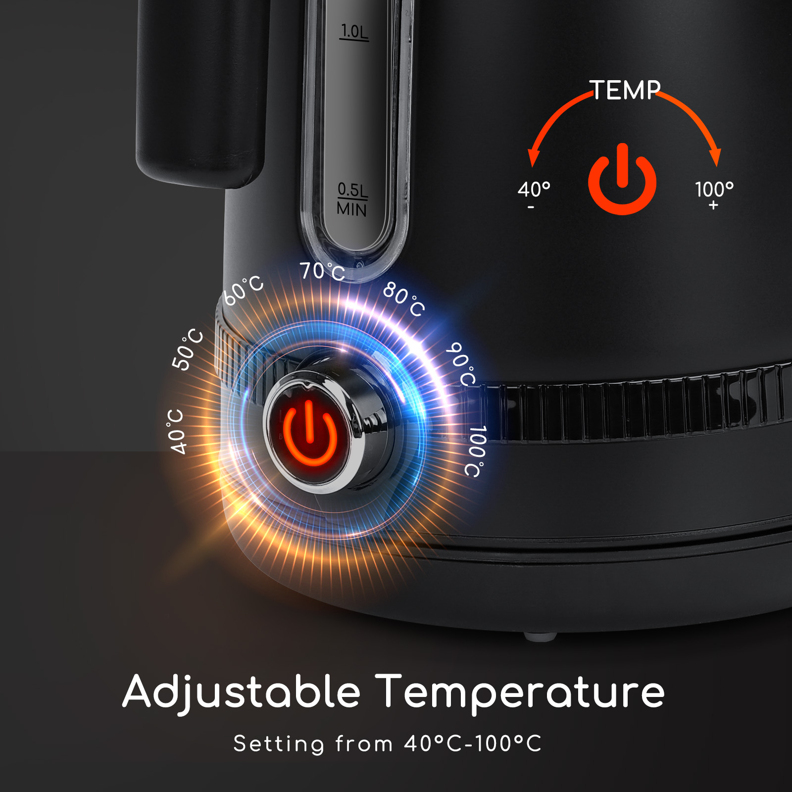 Bollitore nero con impostazioni di temperatura regolabili in gradi Celsius.