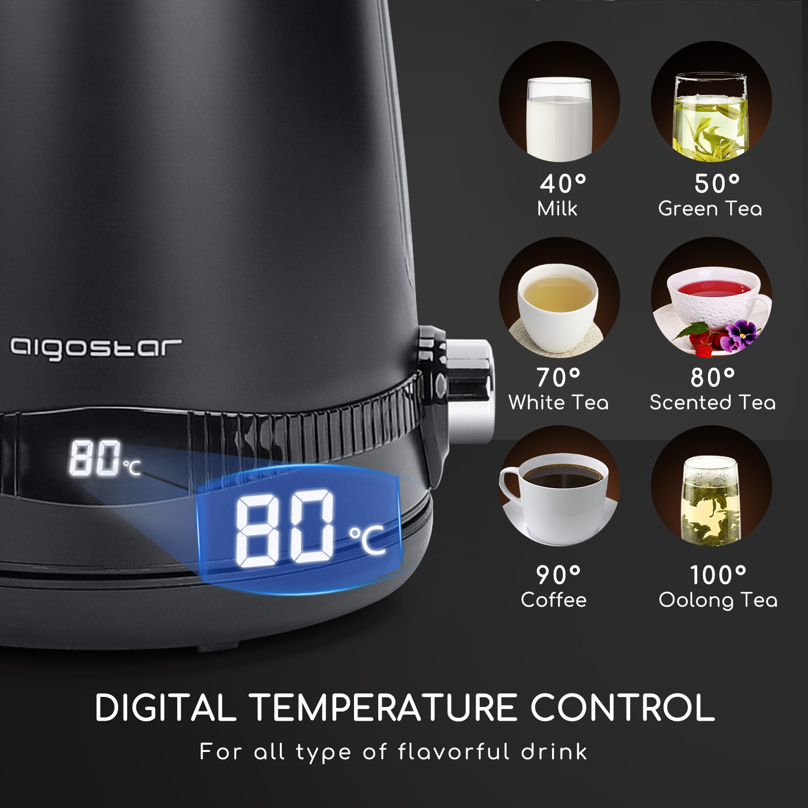 Dispositivo nero con display digitale che mostra 80°C. Illustrazioni di bevande con guide di temperatura.