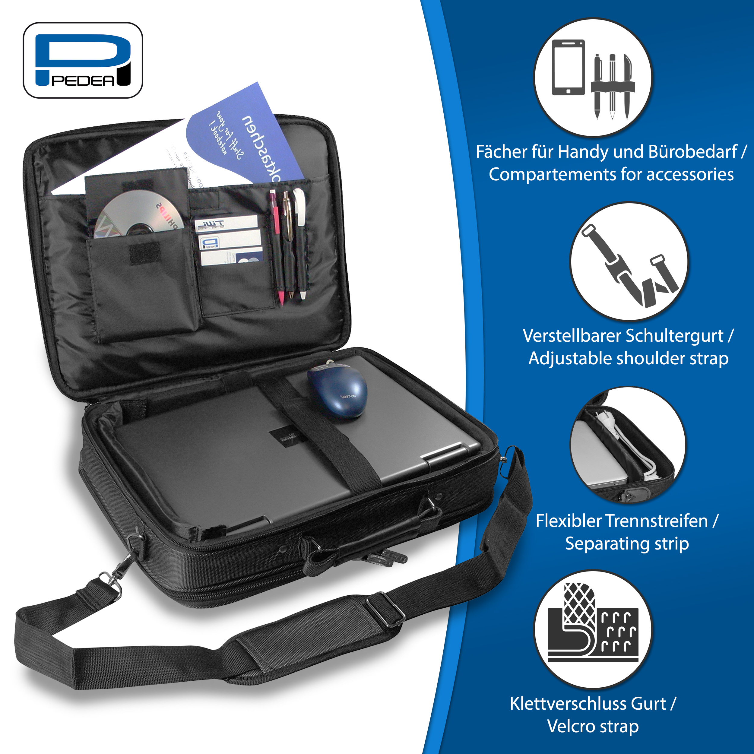 Schwarze Laptoptasche mit Fächern, Griff und Schultergurt. Weißer Hintergrund.