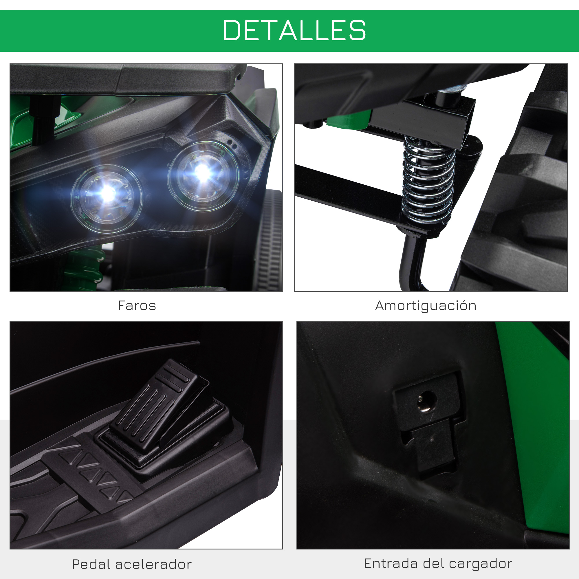 Detalles de un coche de juguete con faros, amortiguación, pedal de acelerador y entrada de cargador.