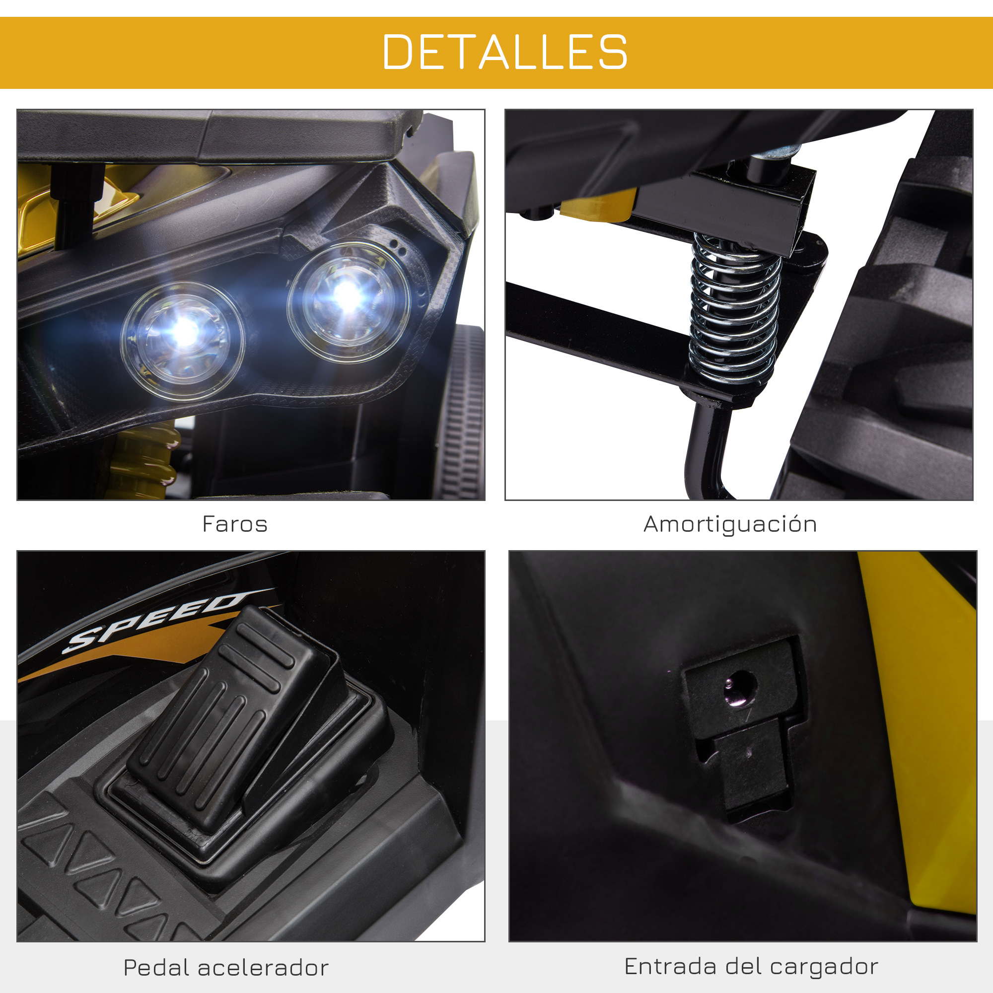Primer plano de piezas de un coche de juguete. Faros, suspensión, pedal y entrada del cargador.