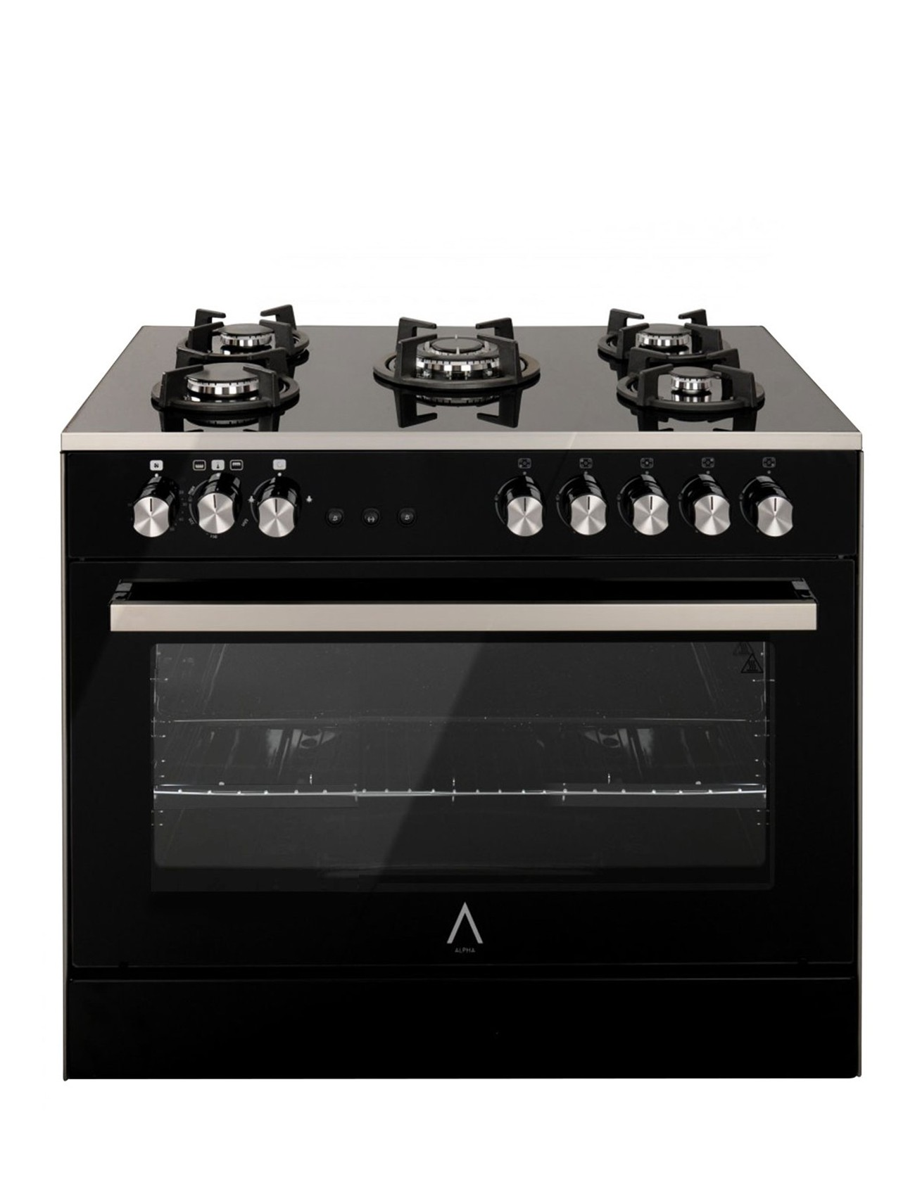 Alpha Cocina De gas vulcano elite90 cristal negro. encendido y temporizador horno. alta gama 101 esmalte limpiar 90