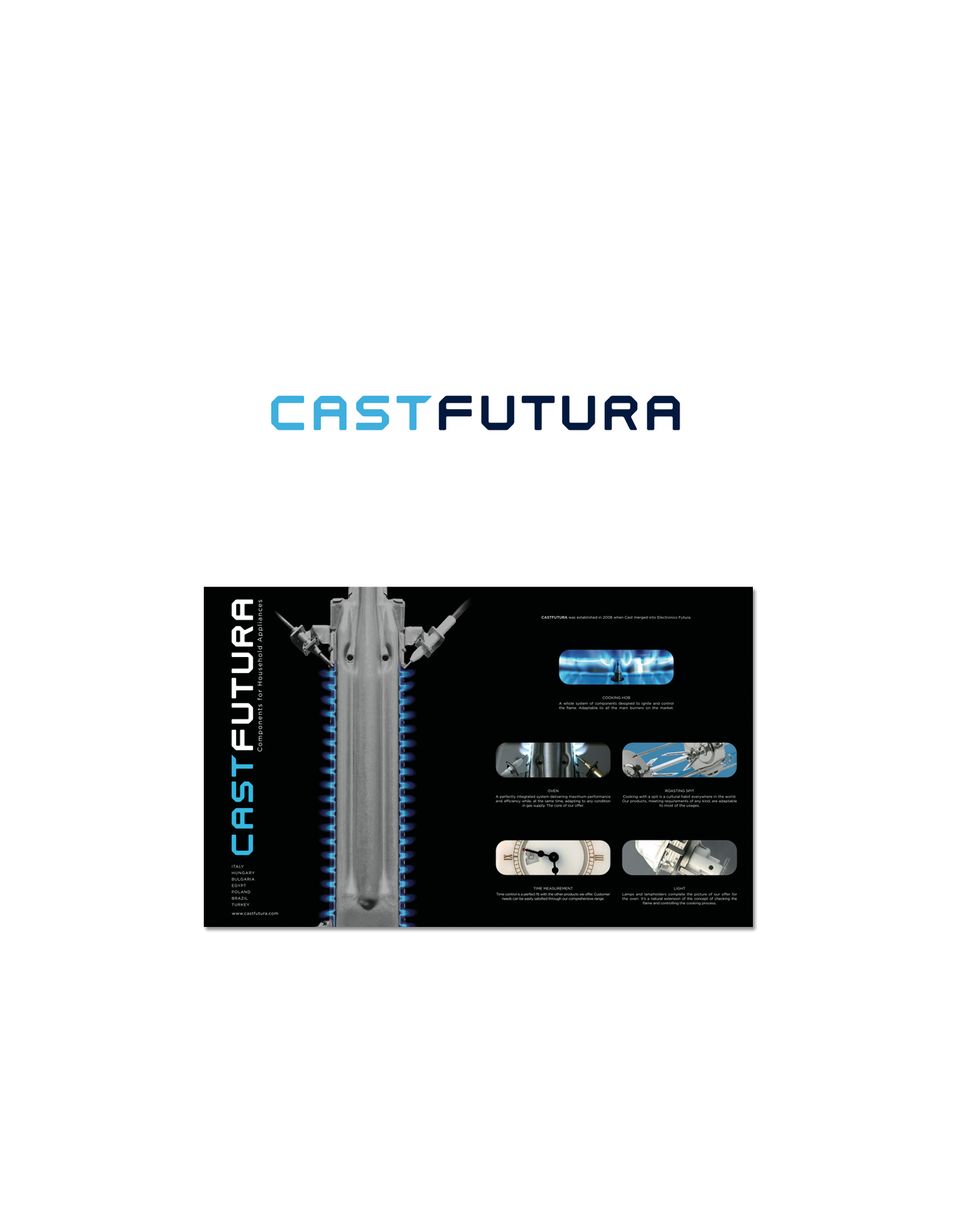 Portada de folleto con el logo azul 'CAST FUTURA' y diagramas técnicos.