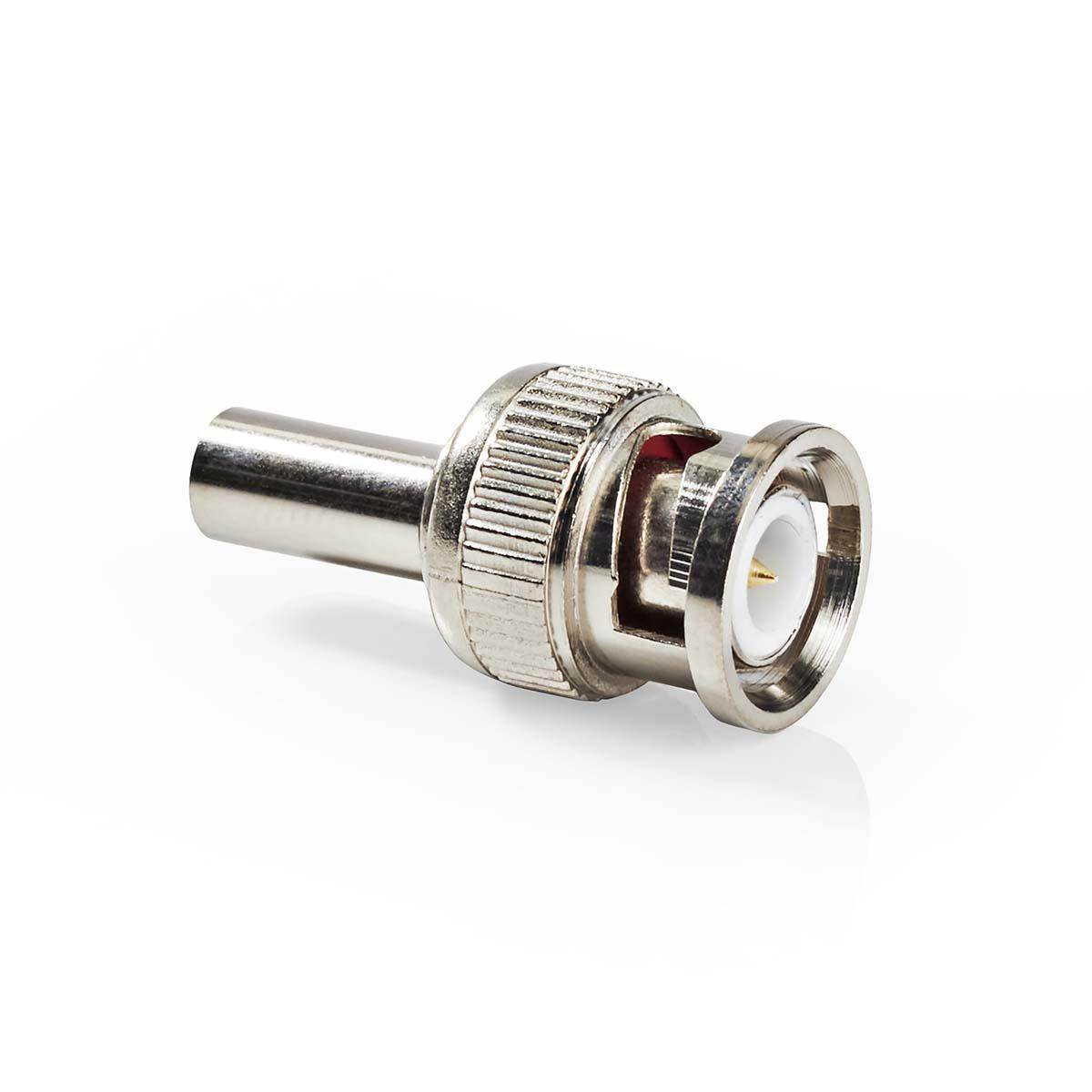 Silver BNC connector on white background. It is a coaxial cable connector.