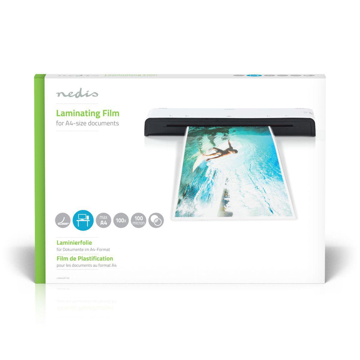 Laminierfolienbox mit herauskommendem Blatt. A4-Größe, weißer Hintergrund.