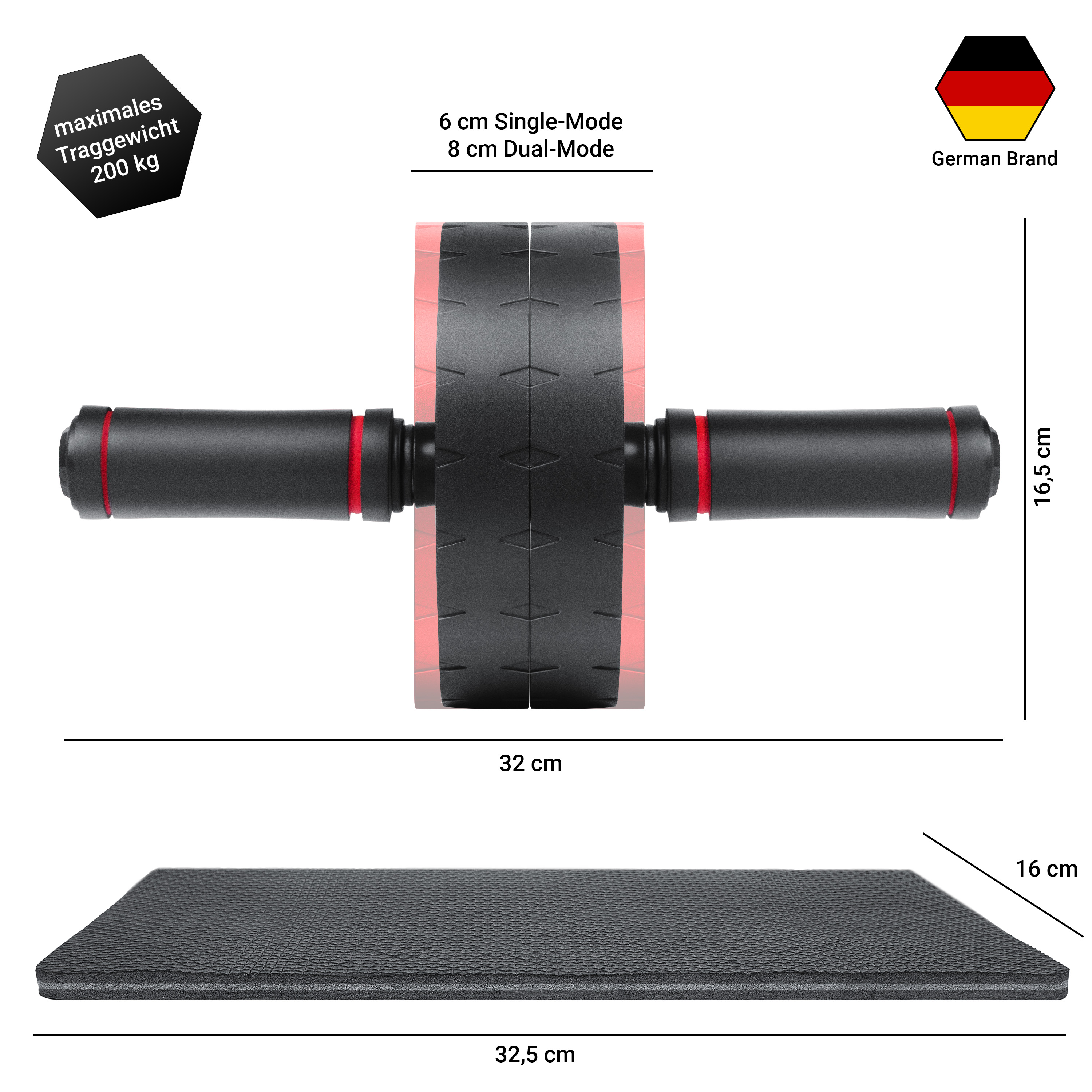 Ab-Rad mit roten Akzenten. Schwarz-rotes Rad. Schwarze Griffe. Matte enthalten. Maße sichtbar.