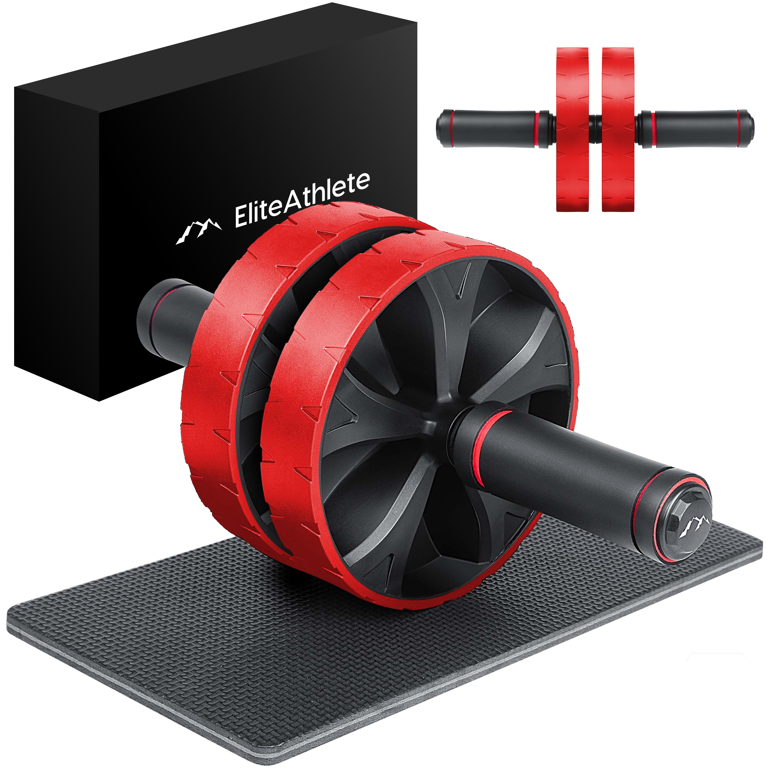 Roter und schwarzer Bauchmuskeltrainer mit schwarzer Box und Matte, weißer Hintergrund.