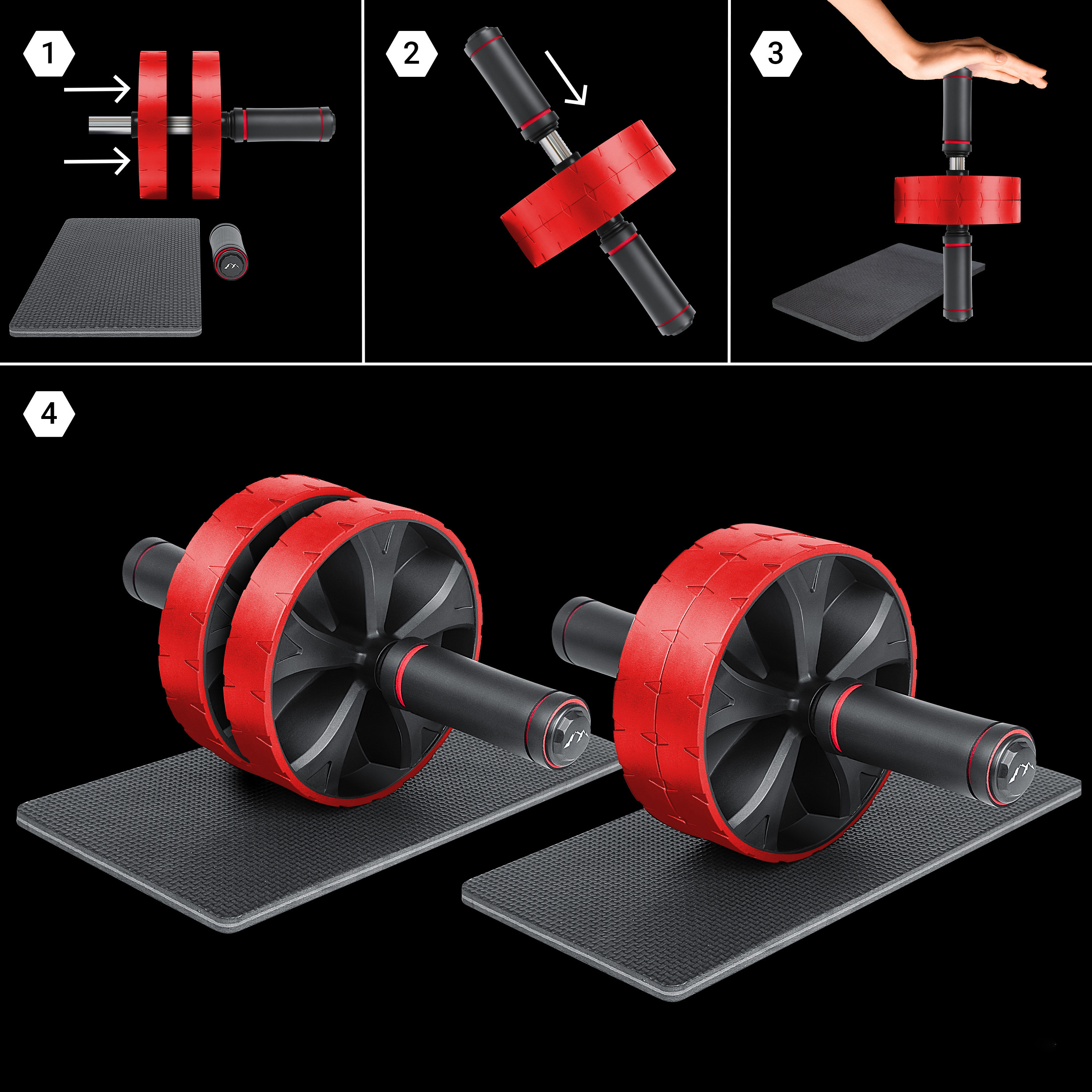 Ein Ab-Rad mit Diagrammen, die Montage und Verwendung auf einer schwarzen Matte zeigen.