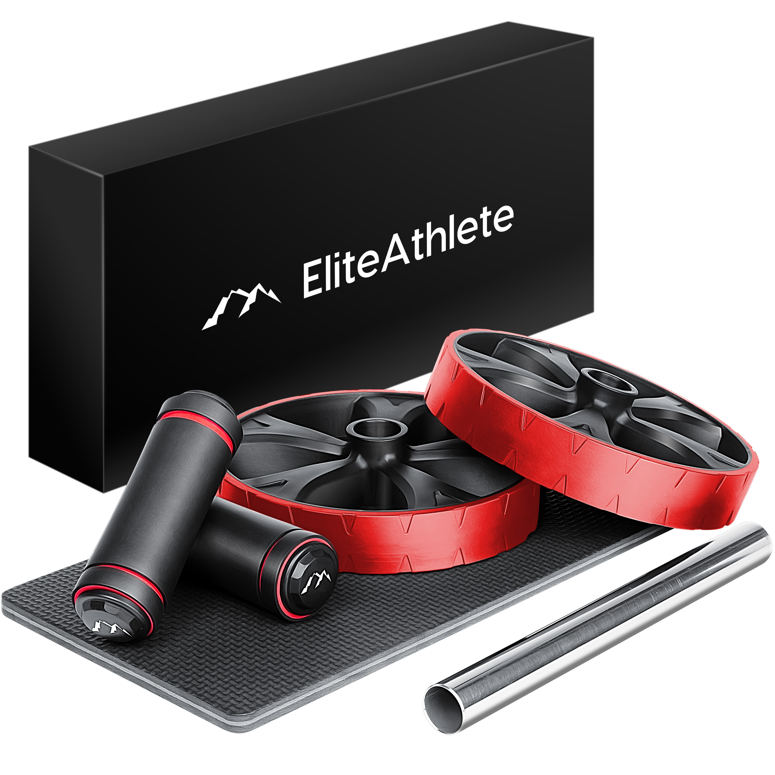 Trainingsgeräte-Set: Ab-Roller, rote Räder, Matte und schwarze Box, auf Weiß.