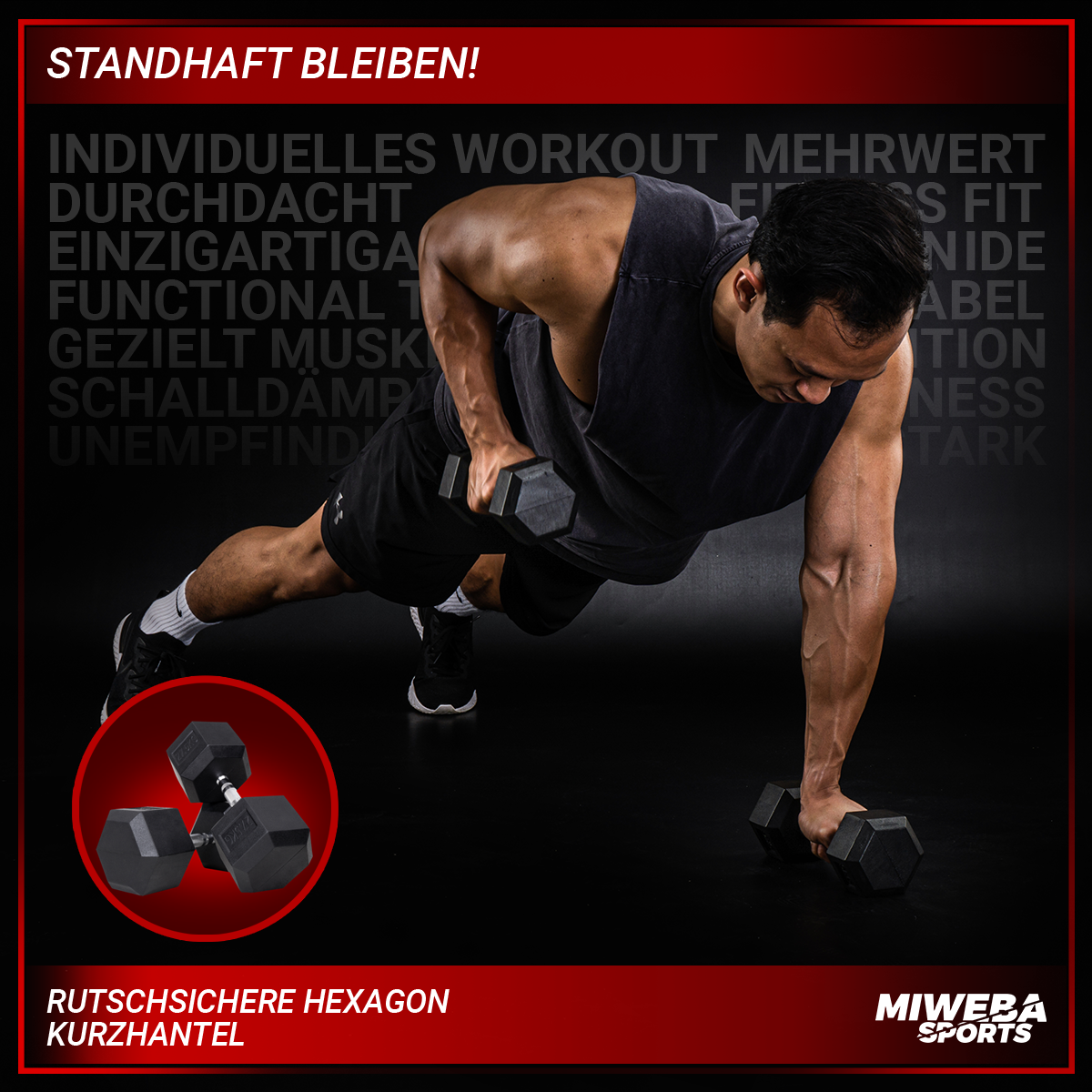 Mann macht einarmiges Kurzhantelrudern mit schwarzen Kurzhanteln im Fitnessstudio.