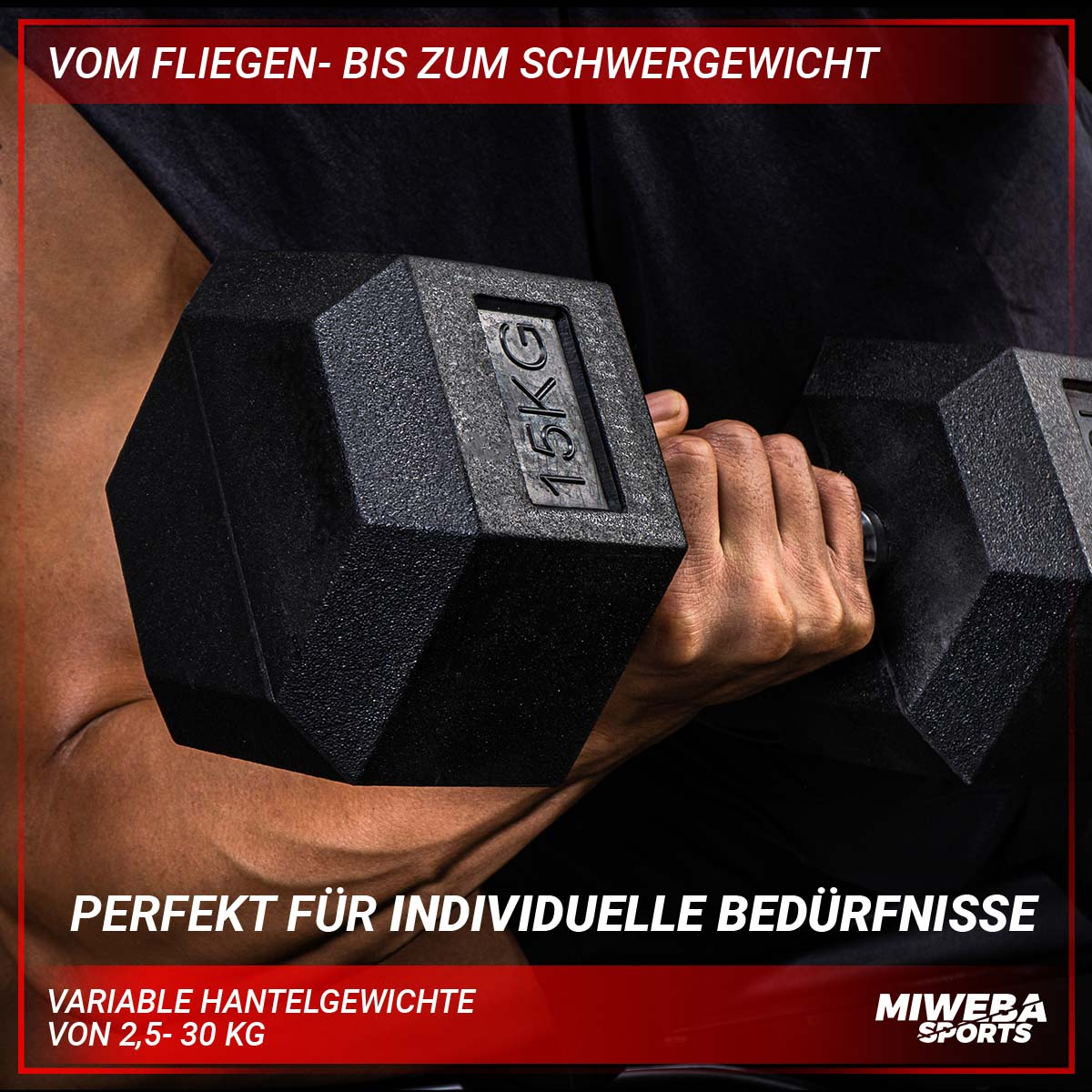 Eine Person hält eine schwarze Hantel mit einer 15KG-Markierung. Roter Rahmen mit Text, schwarzer Hintergrund.
