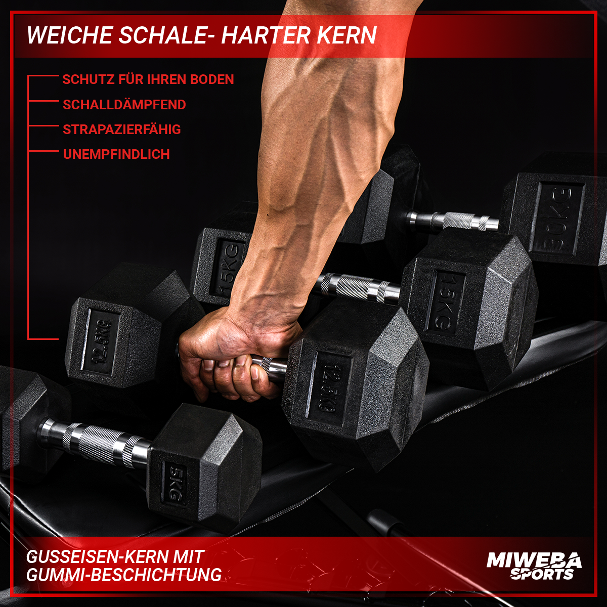 Eine Hand, die ein Hantel-Set hält, mit Text-Overlay, das die Eigenschaften der Hantel hervorhebt.