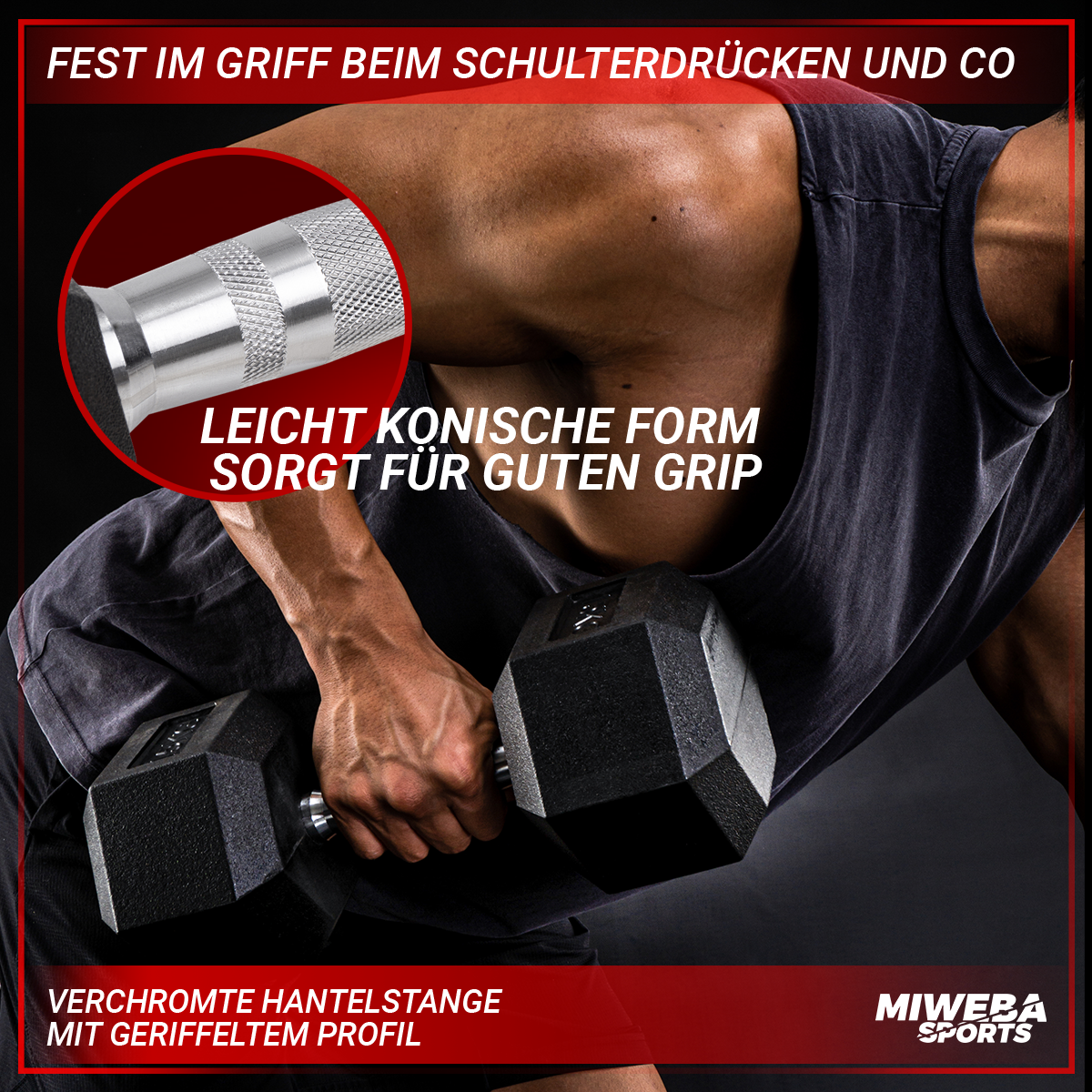 Ein Mann hält eine Hantel, mit Nahaufnahme des Griffs.