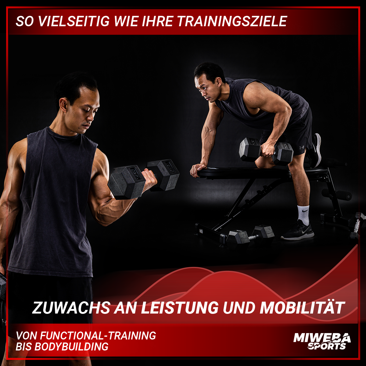 Zwei Männer heben Gewichte auf einer Bank, mit Text auf dem Bild.