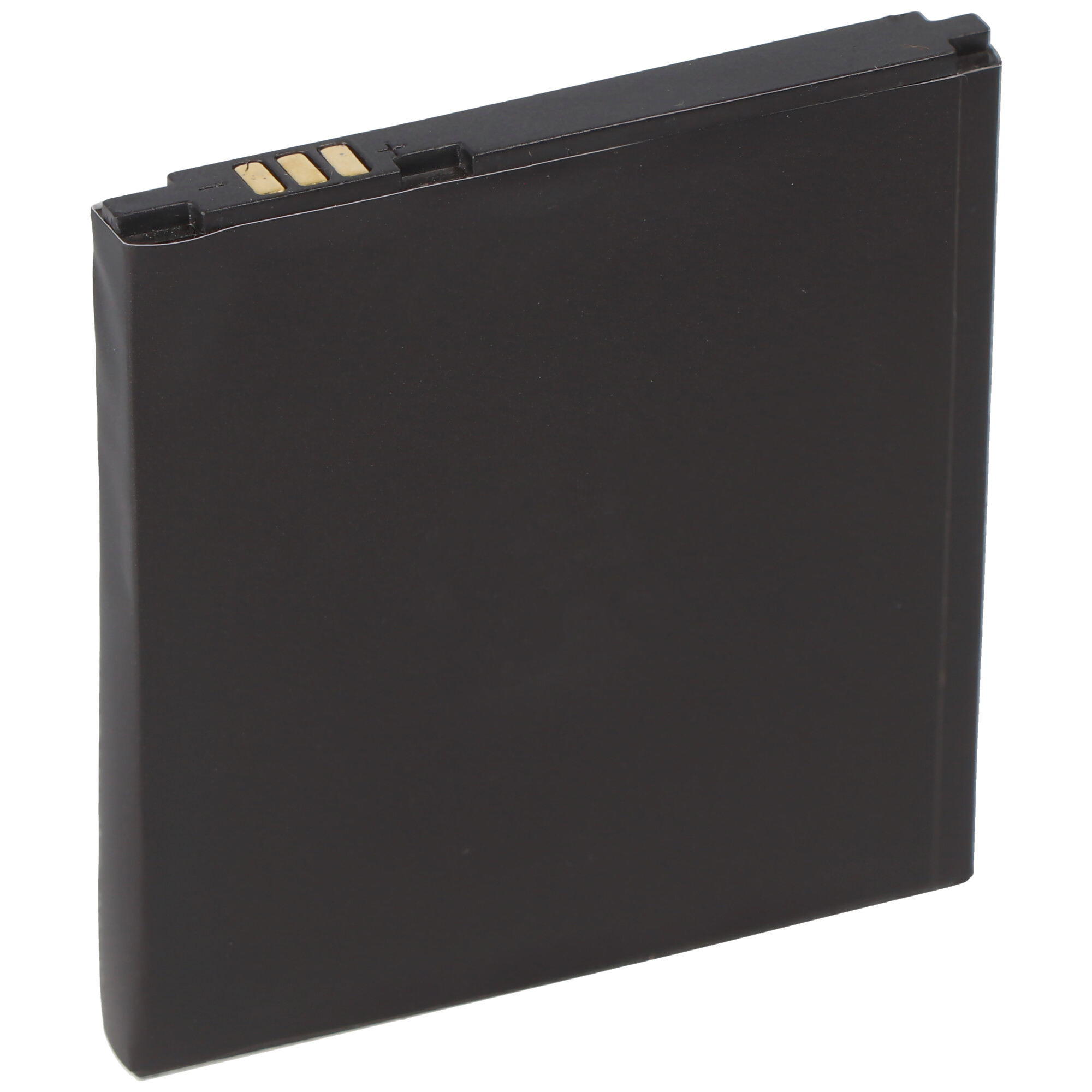 Schwarze rechteckige Batterie mit drei goldenen Kontakten oben.