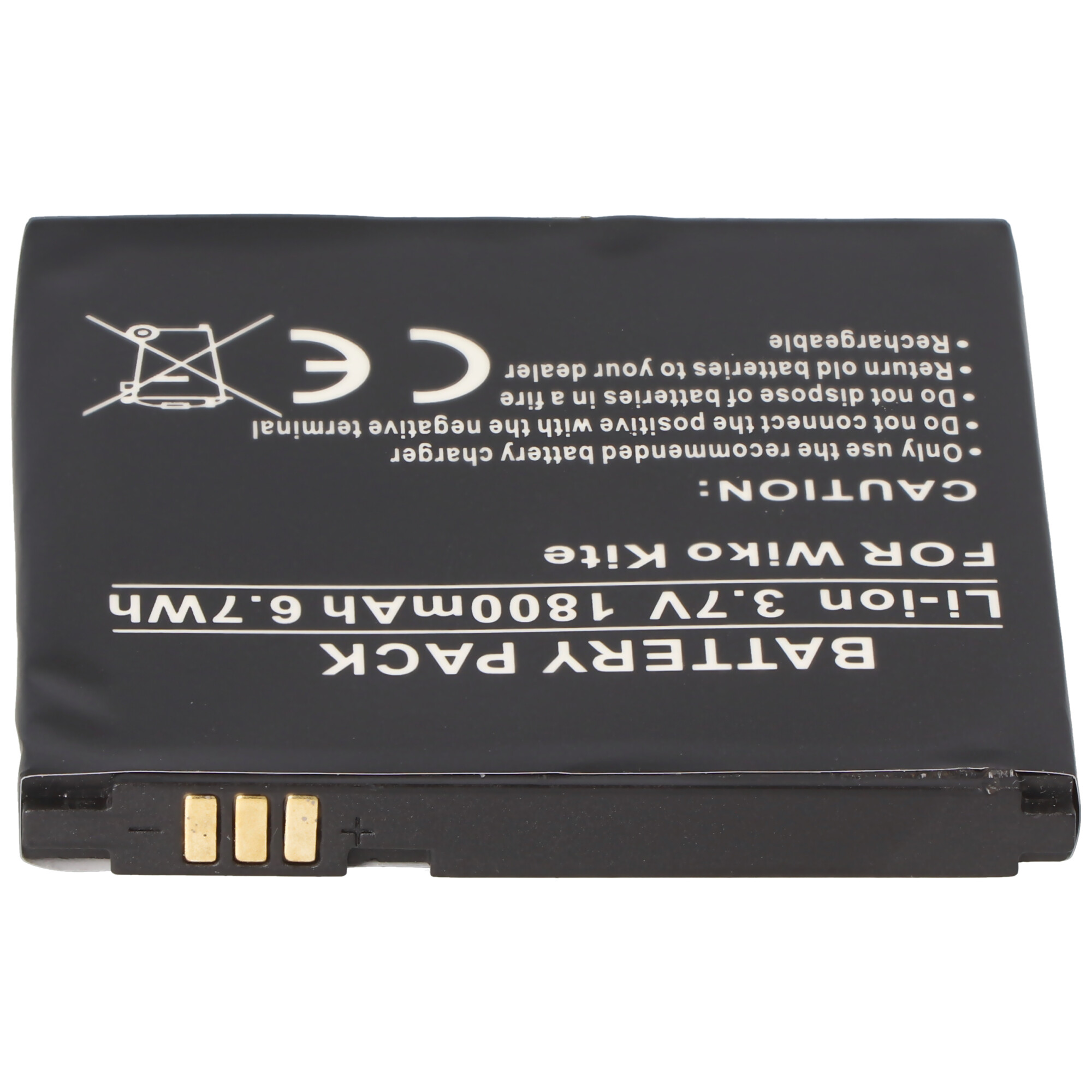 Ein schwarzes Akkupack mit der Aufschrift 'Li-ion 3,7V 1800mAh 6,7Wh' mit Sicherheitshinweisen und CE-Kennzeichnung.