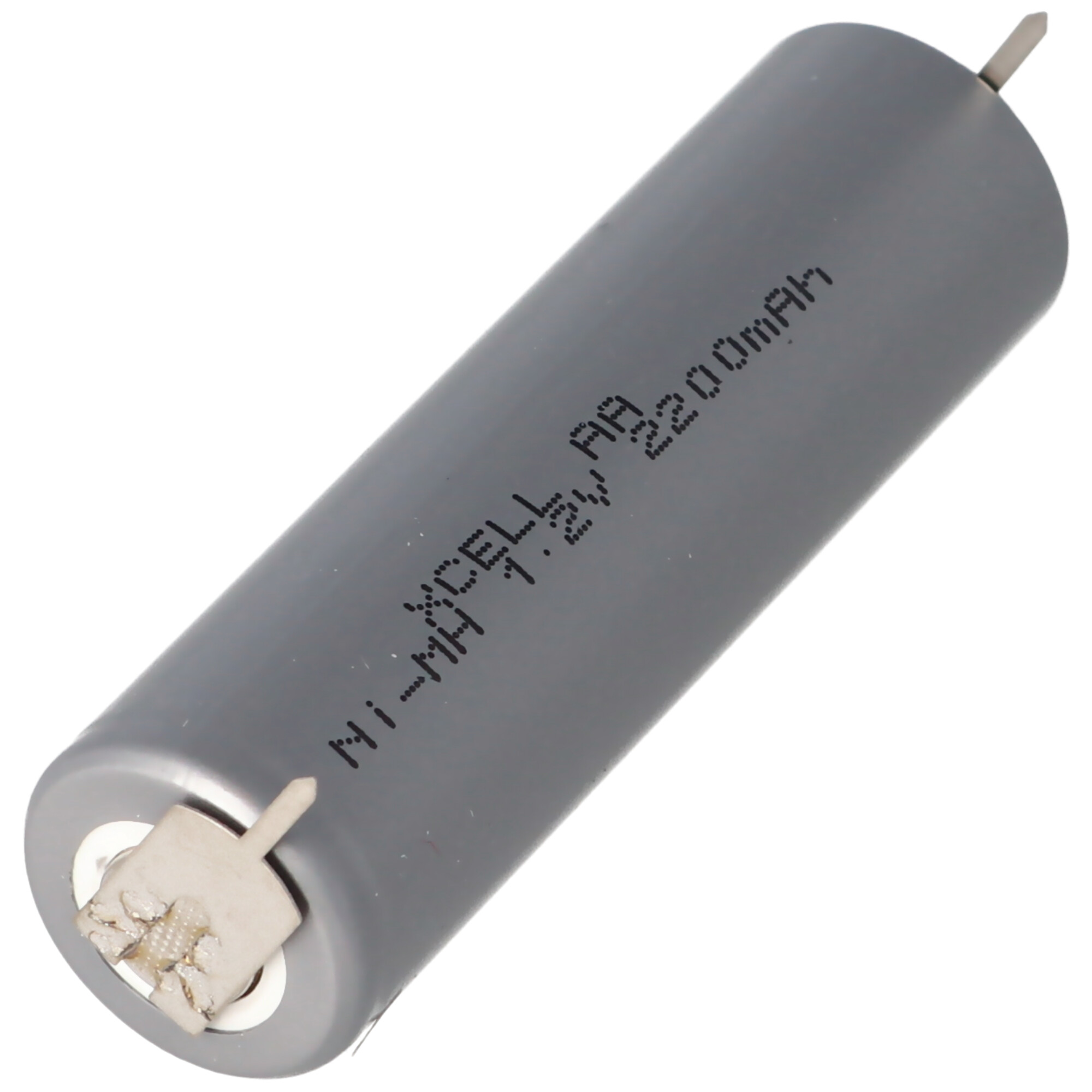 Eine graue zylindrische Batterie mit Text, weißen Enden und hervorstehenden Metallkontakten.