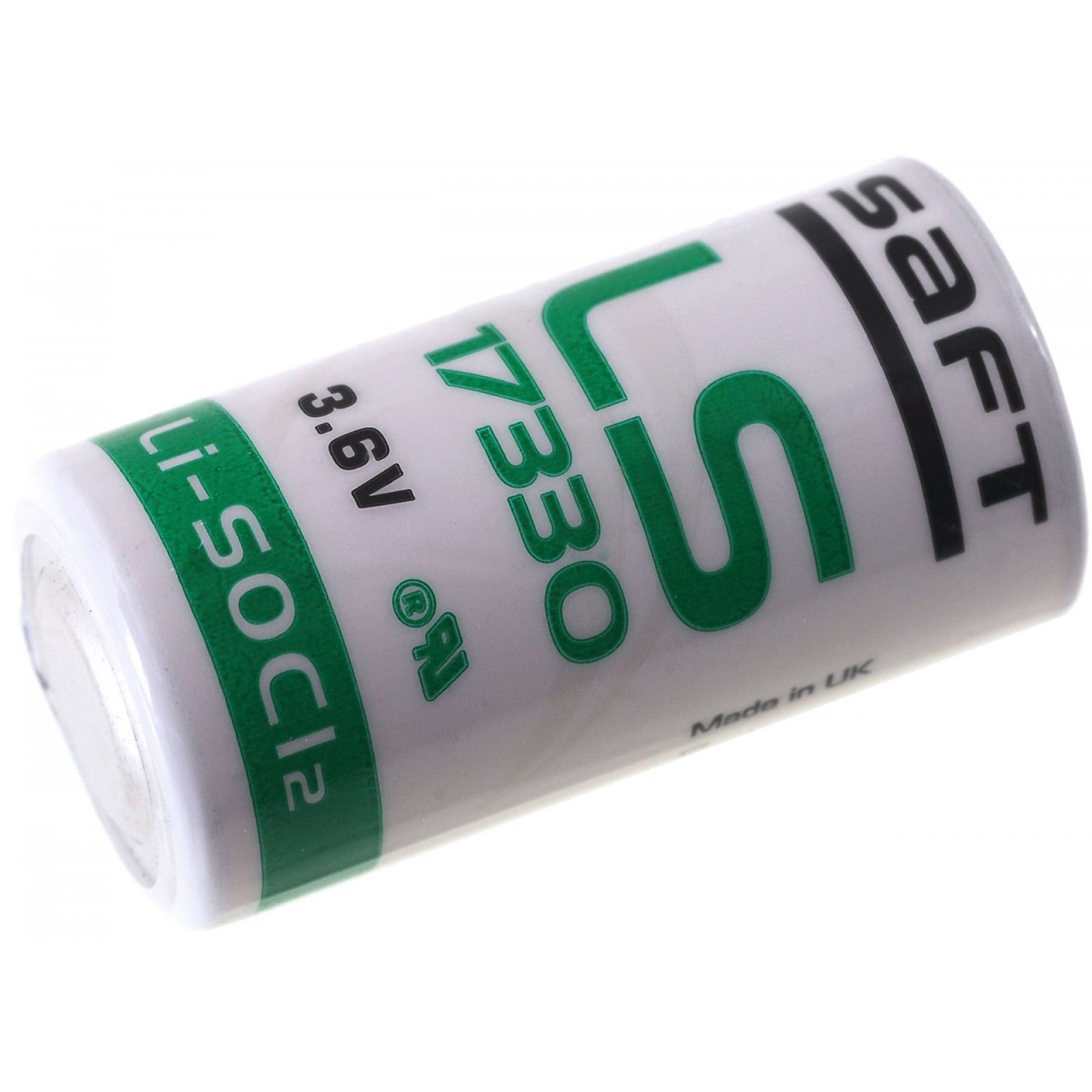 Batería cilíndrica blanca y verde. Tiene marcas como 'LS 17330' y 'Li-SOCl2'.