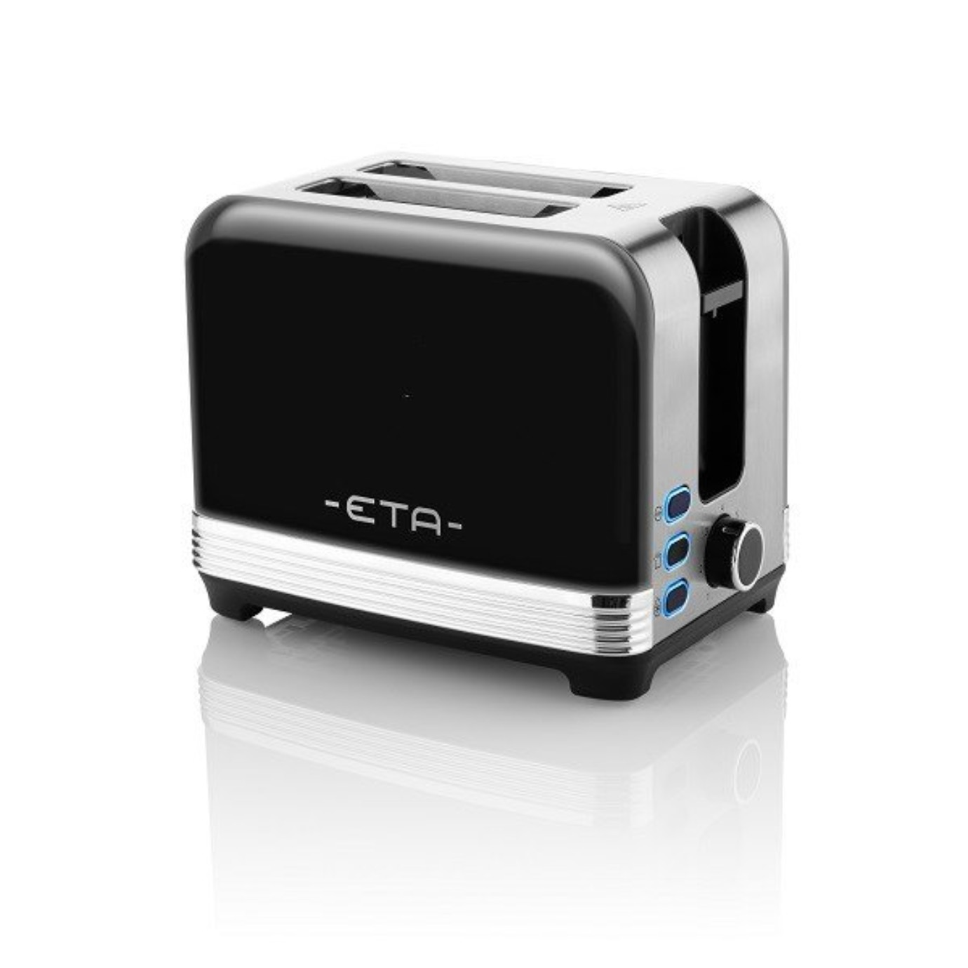 Schwarzer und silberner Toaster im Retro-Stil mit Knöpfen und einem digitalen Display. Weißer Hintergrund.