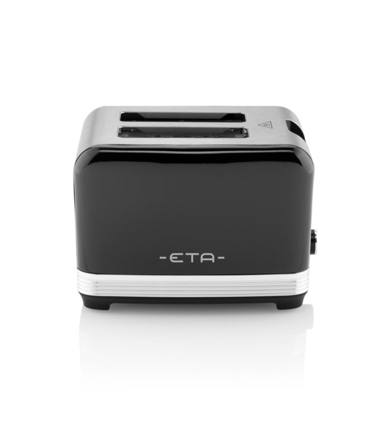 Schwarzer Toaster mit silbernen Akzenten und dem Wort '-ETA-' auf der Vorderseite.