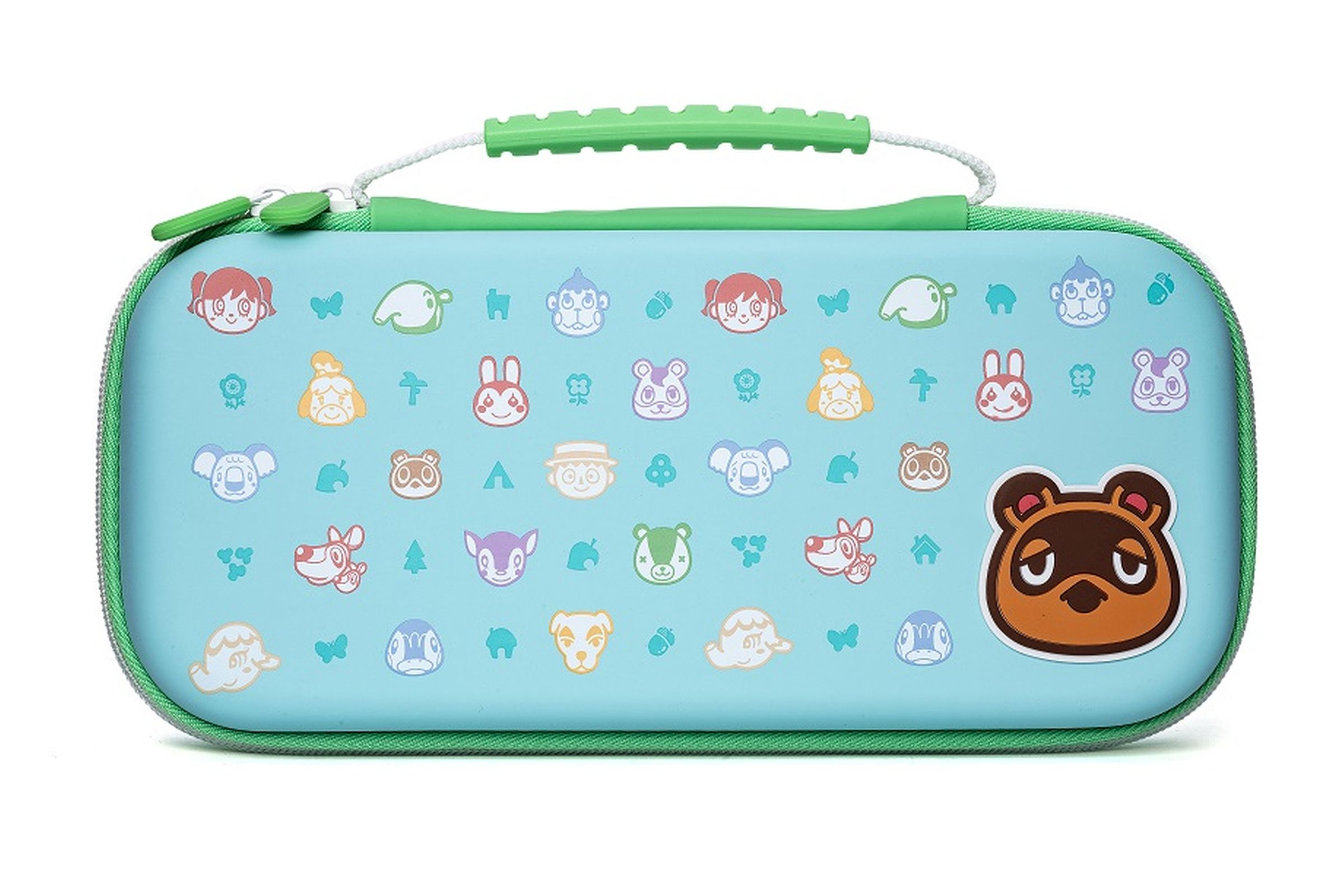 Etui Switch Animal Crossing, jasnoniebieskie z Tomem Nookiem. Zielony uchwyt i zamek, białe tło.