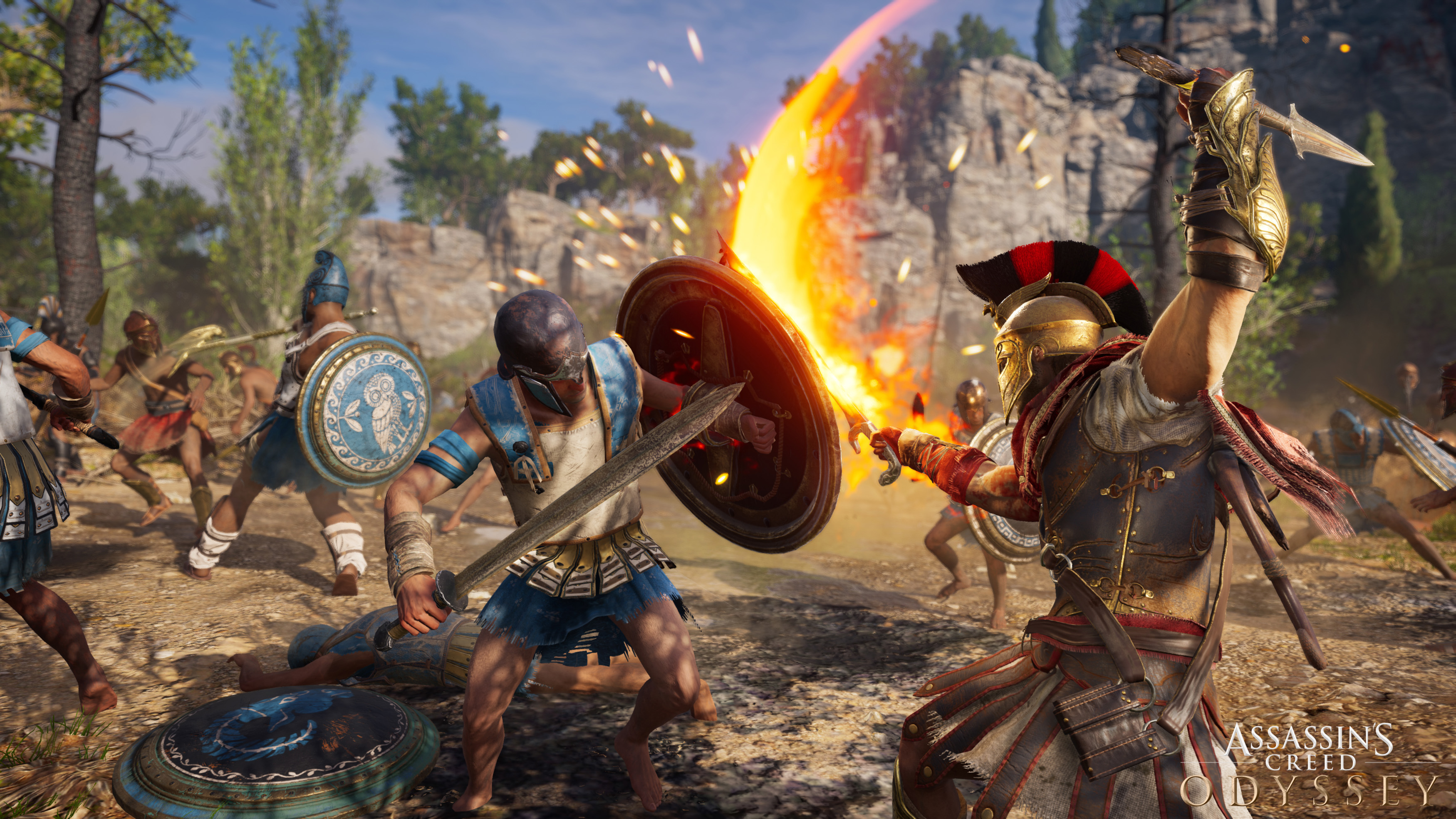 Kampfszene aus Assassin's Creed Odyssey. Krieger kämpfen mit Schwertern und Schilden.