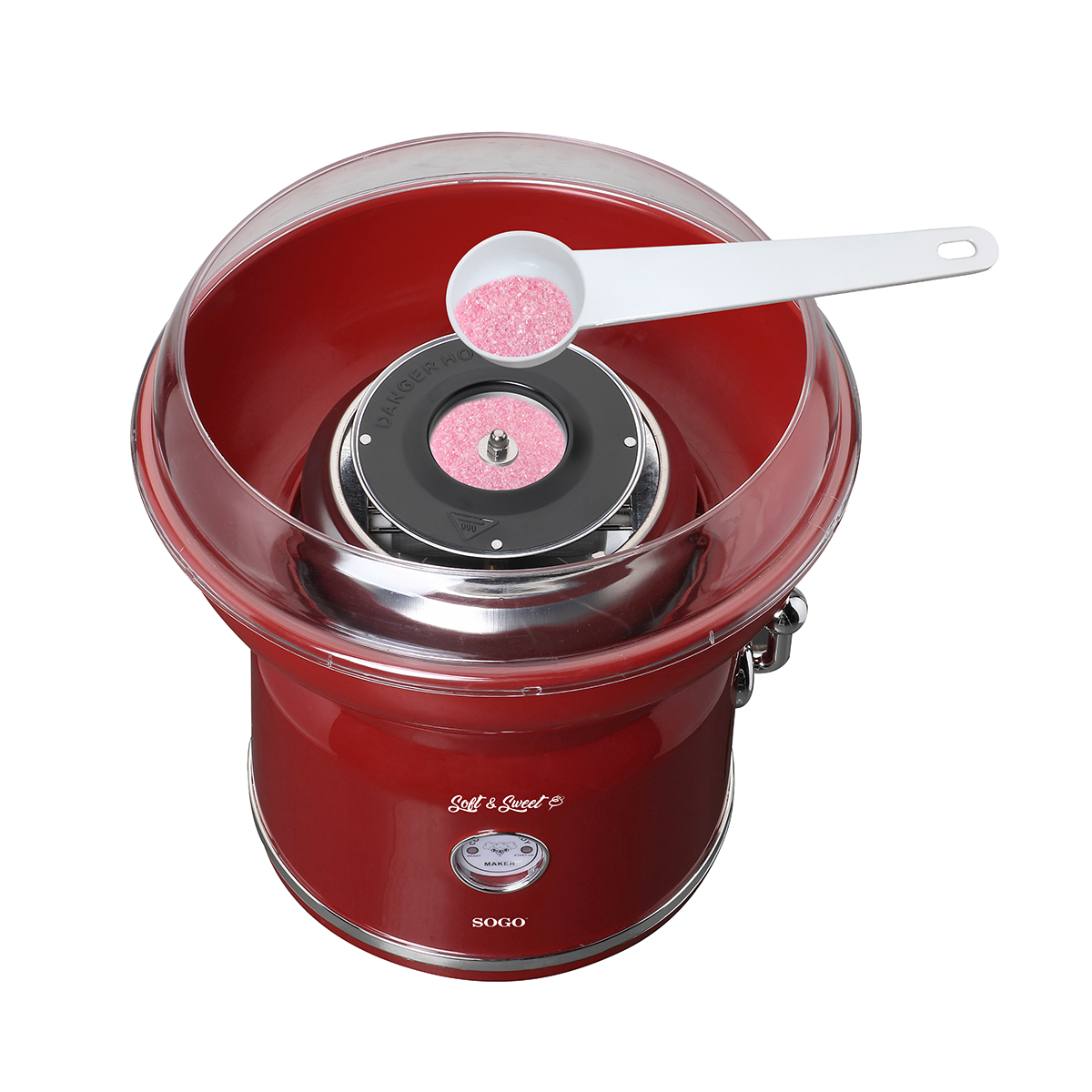 Máquina de algodón de azúcar roja con cuchara de azúcar rosa. Cúpula transparente encima.